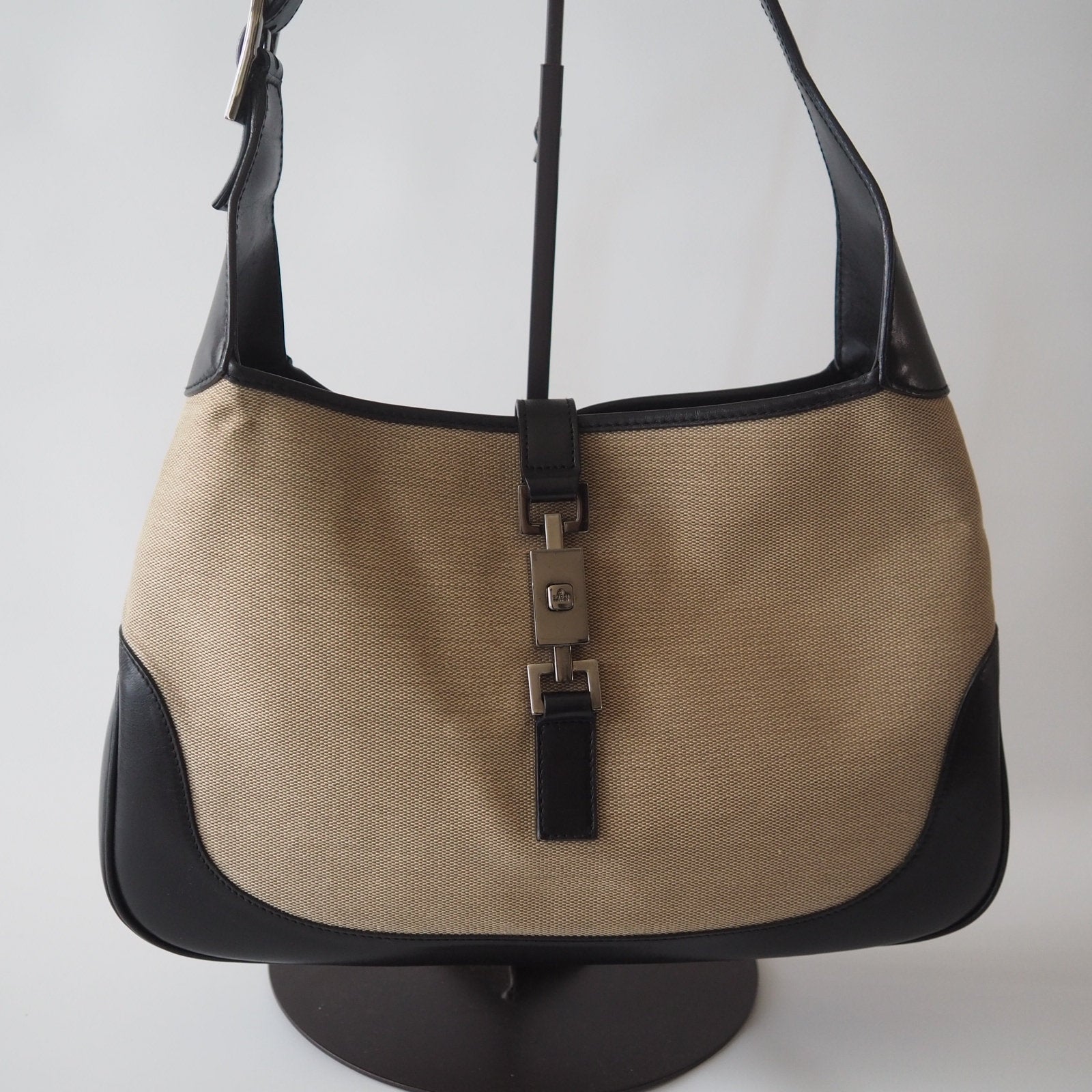 GUCCI Jackie Canvas Leather Shoulder Bag Beige Authentic