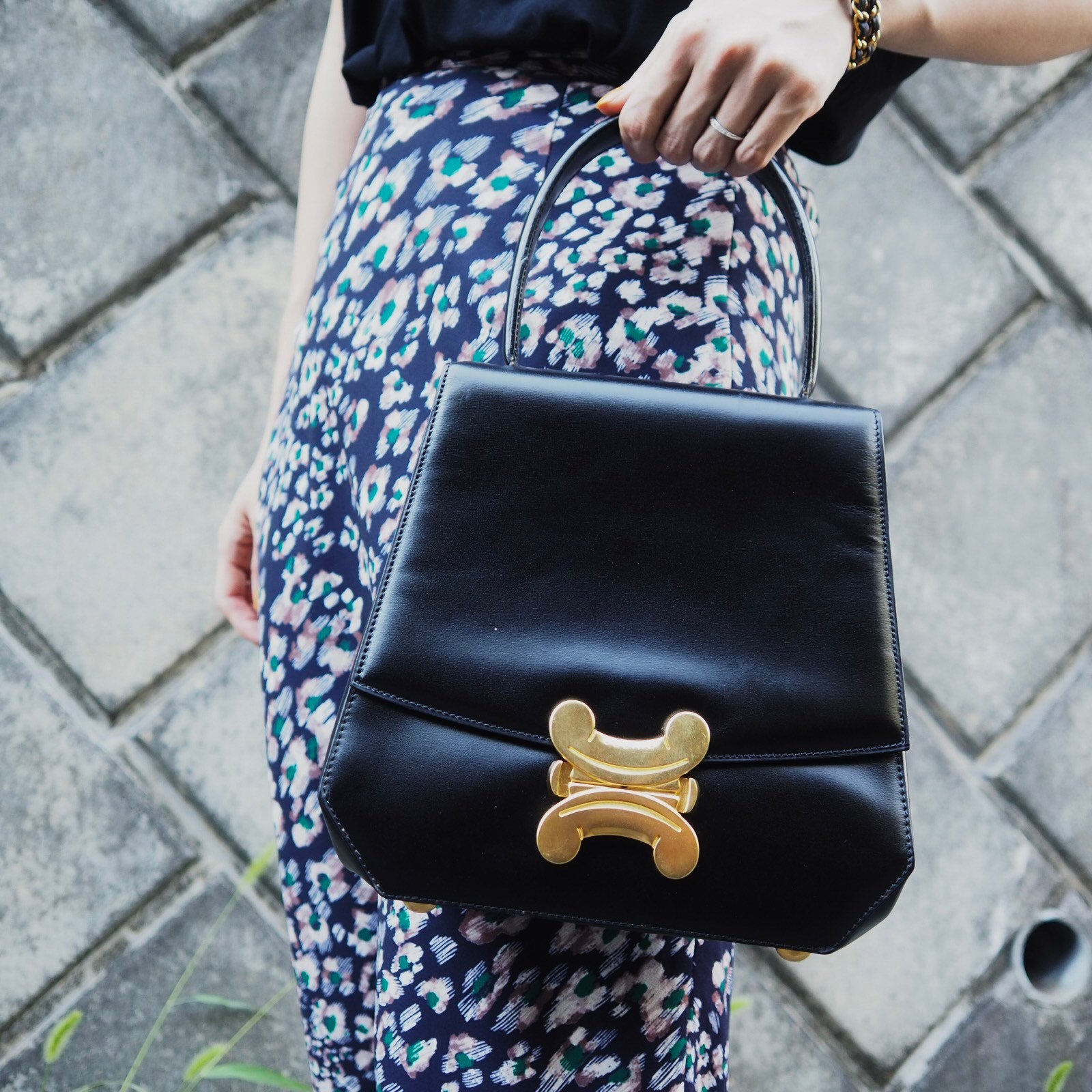 CELINE Hand Bag Brazon Triomphe Black Leather Authentic