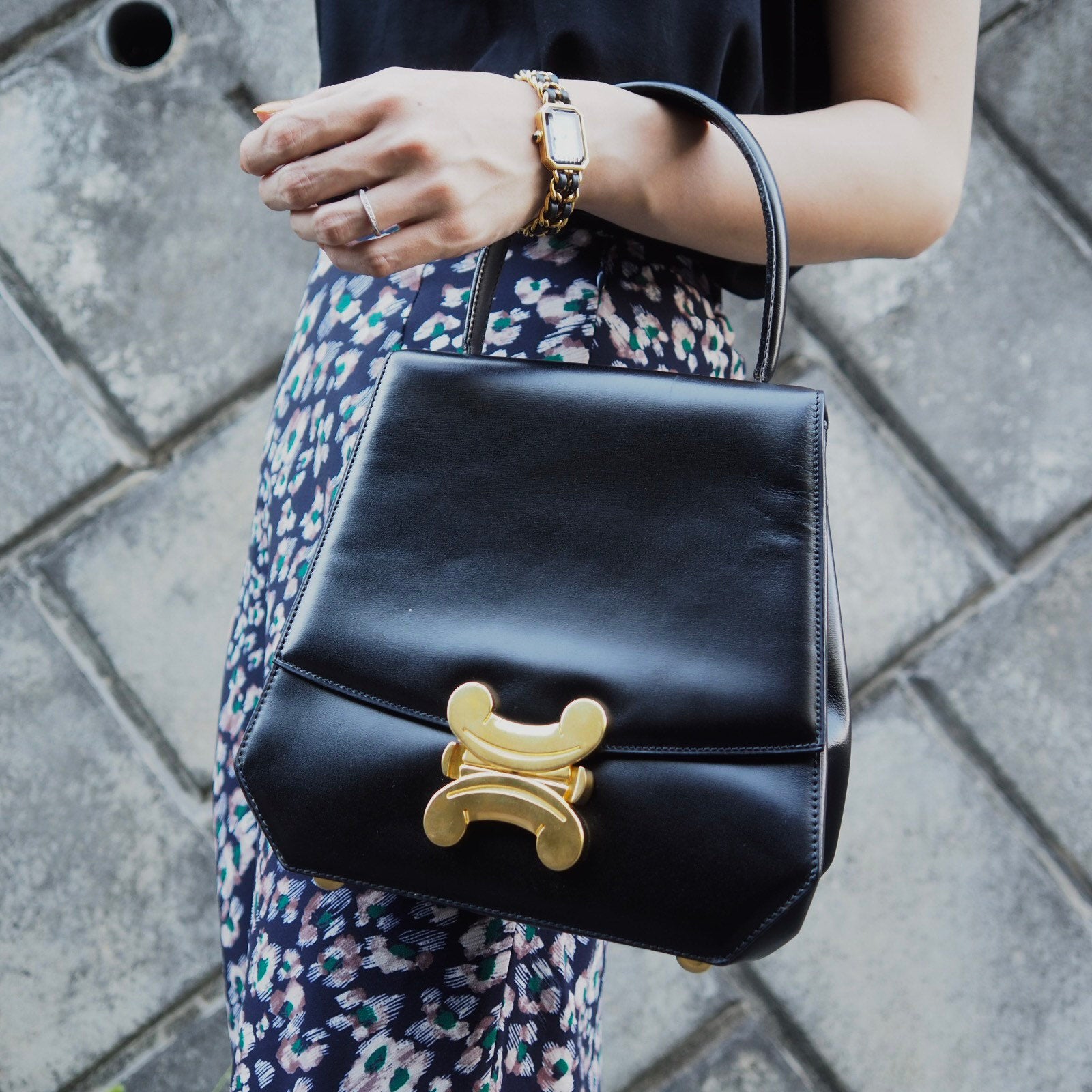 CELINE Hand Bag Brazon Triomphe Black Leather Authentic