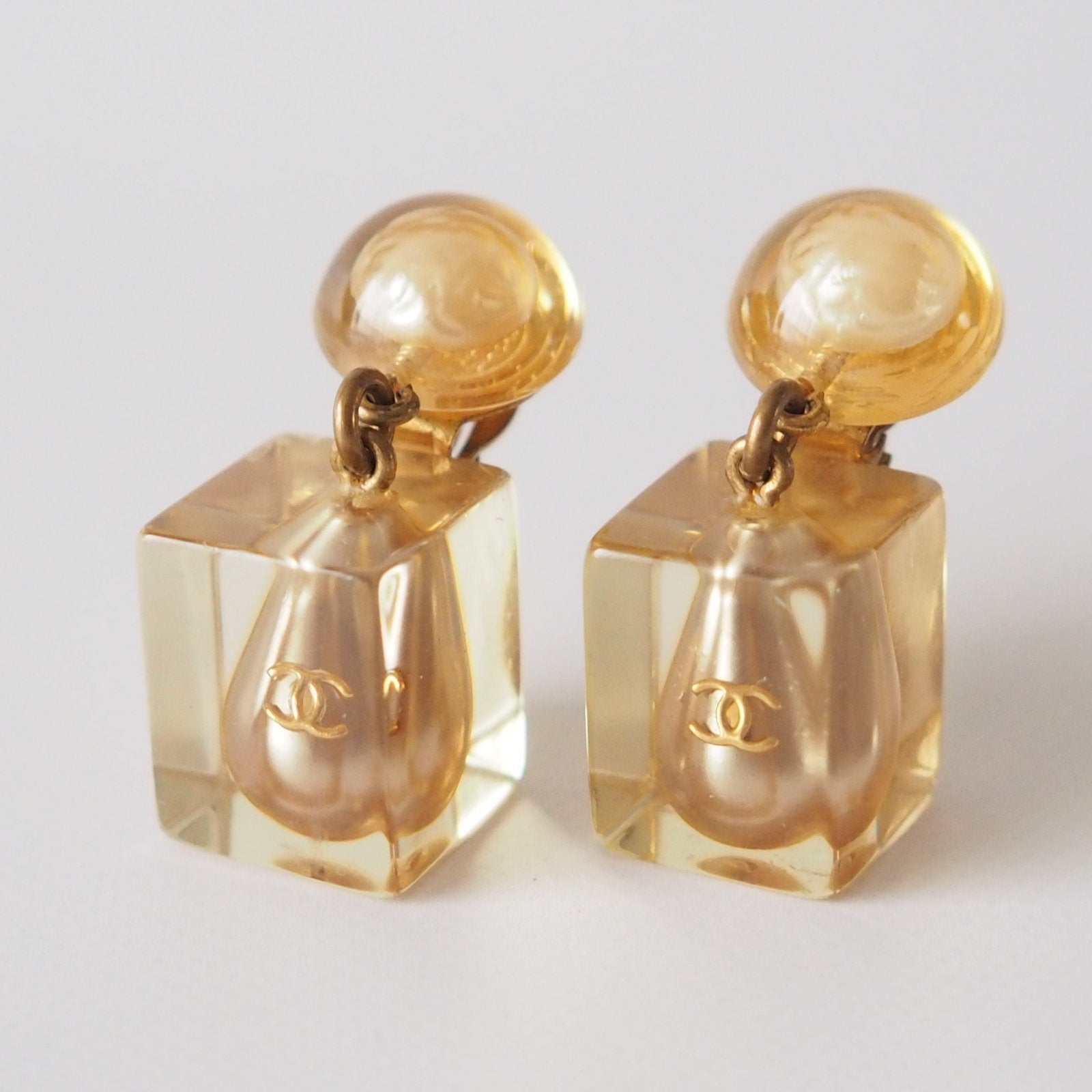 CHANEL Clear Drop Pearl Coco Mark Earrings Gold Authentic