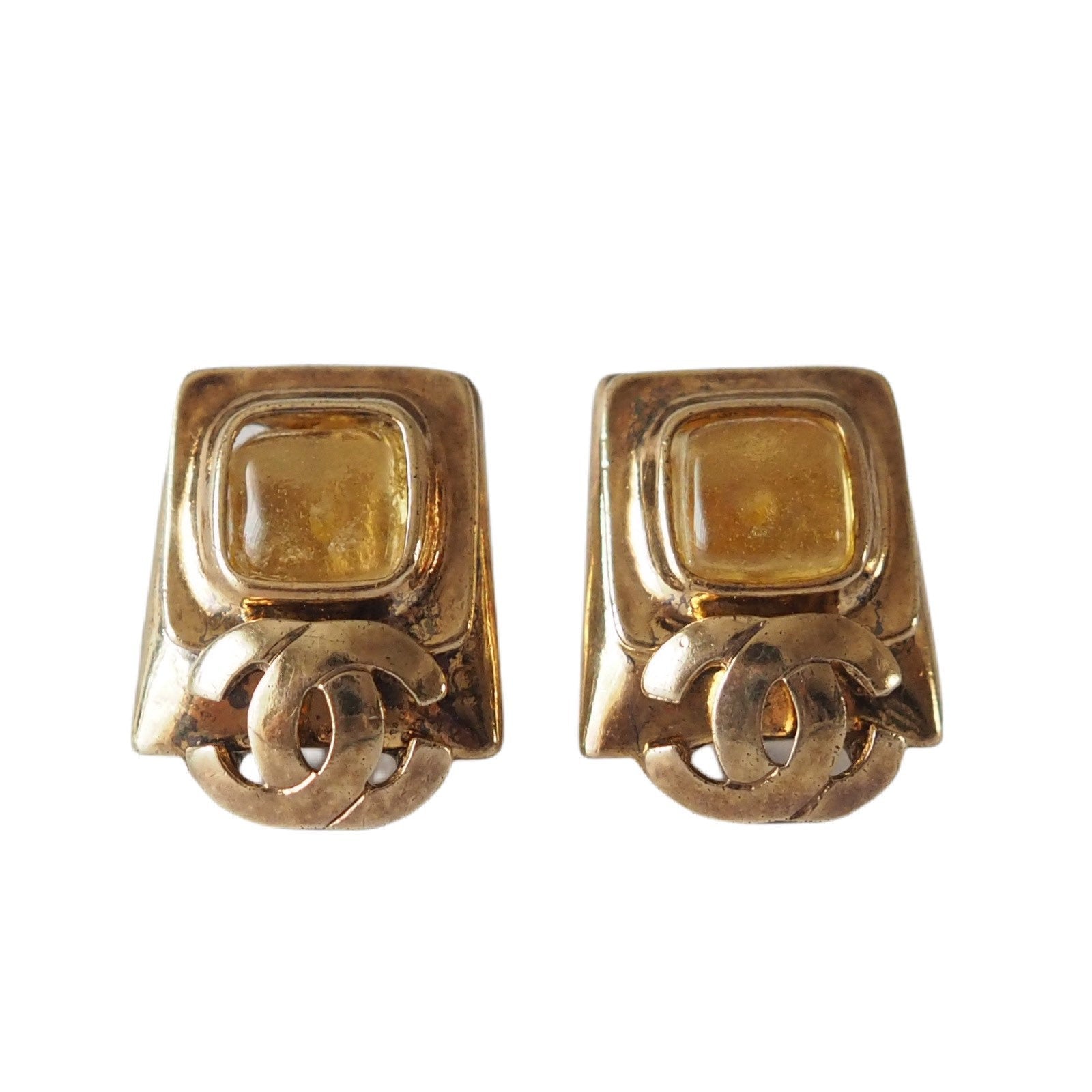 CHANEL Color Stone Square Coco Mark Gold color Earrings Authentic