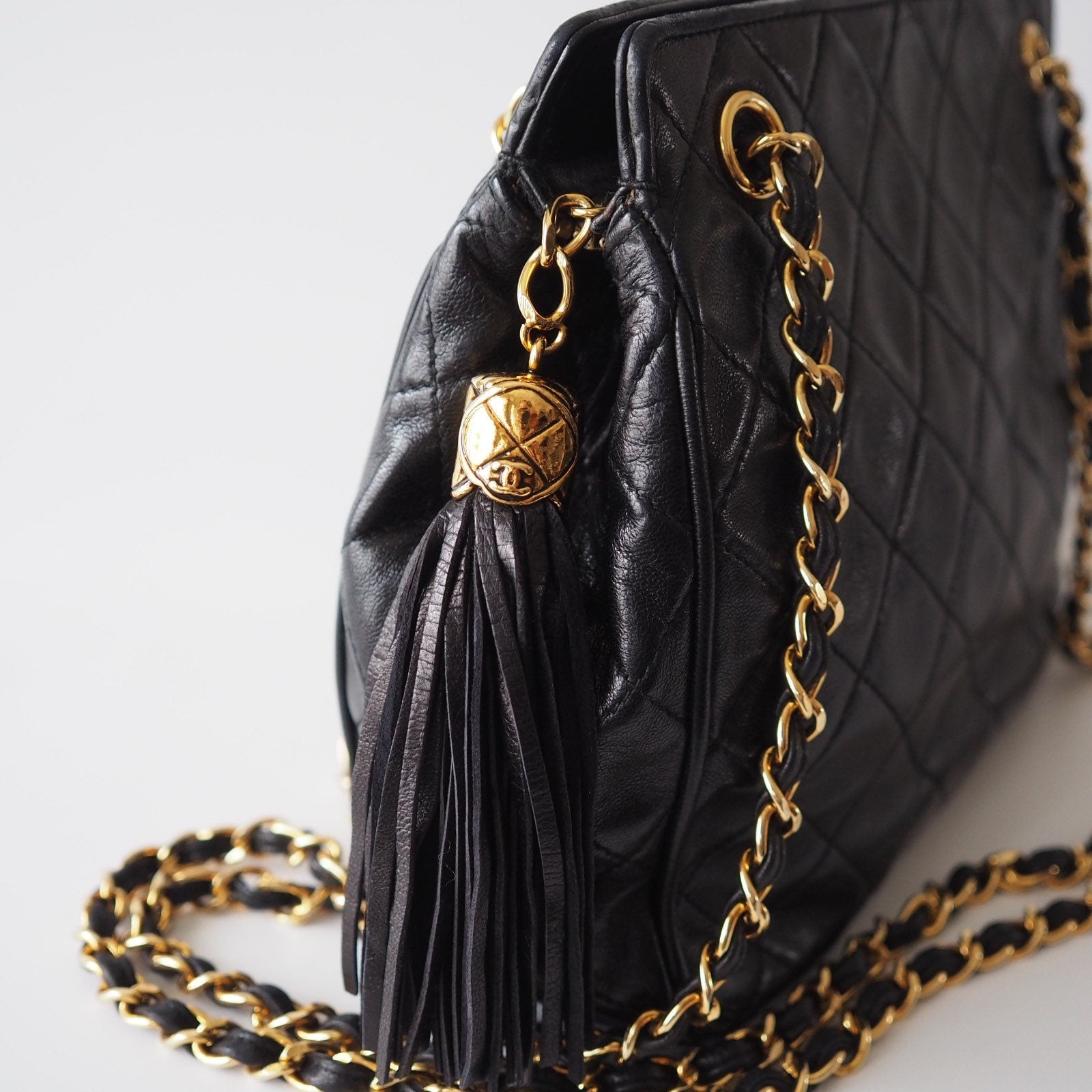 CHANEL Matelasse CC Fringe Shoulder Bag Leather Black Authentic