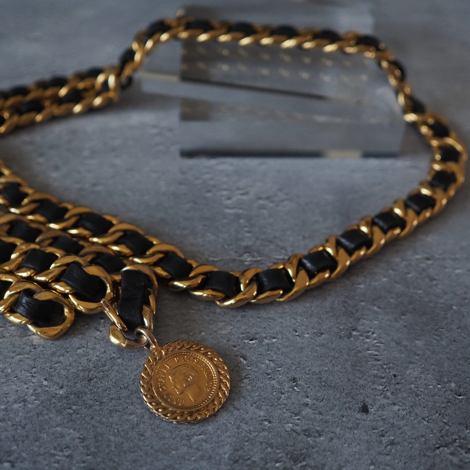 CHANEL Chain Belt Medallion CC Mademoiselle Black Leather Gold Metal Collection Authentic Vintage