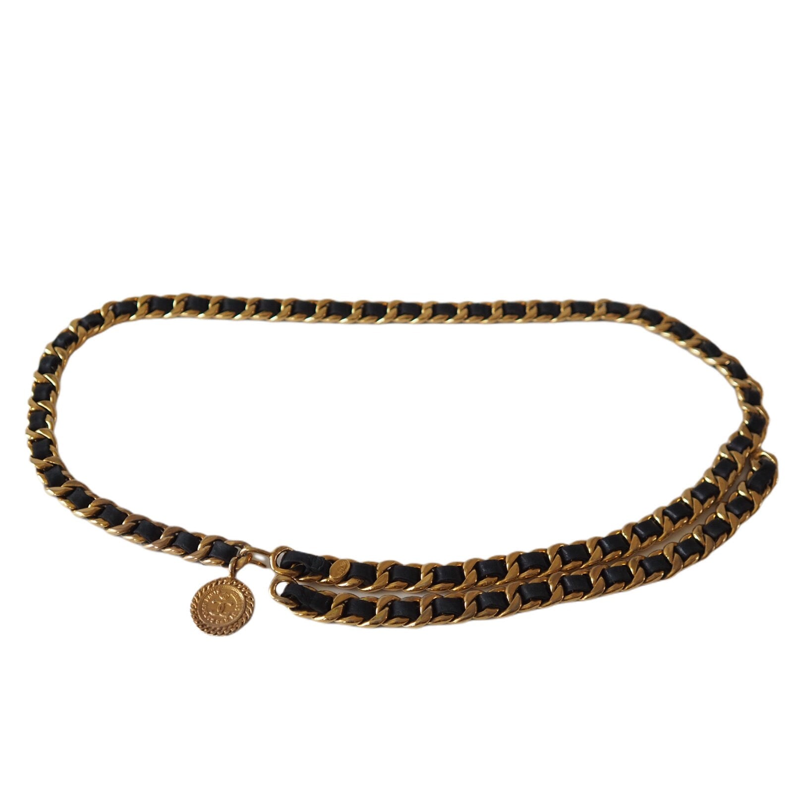 CHANEL Chain Belt Medallion CC Mademoiselle Black Leather Gold Metal Collection Authentic Vintage