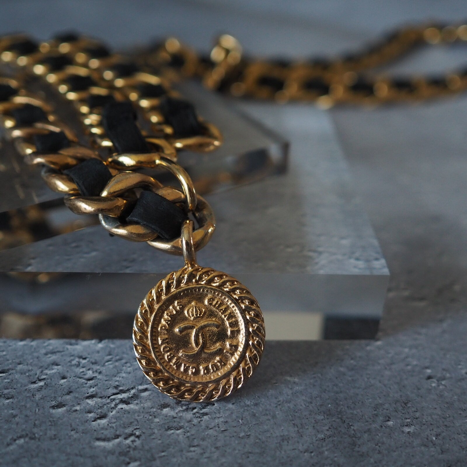 CHANEL Chain Belt Medallion CC Mademoiselle Black Leather Gold Metal Collection Authentic Vintage