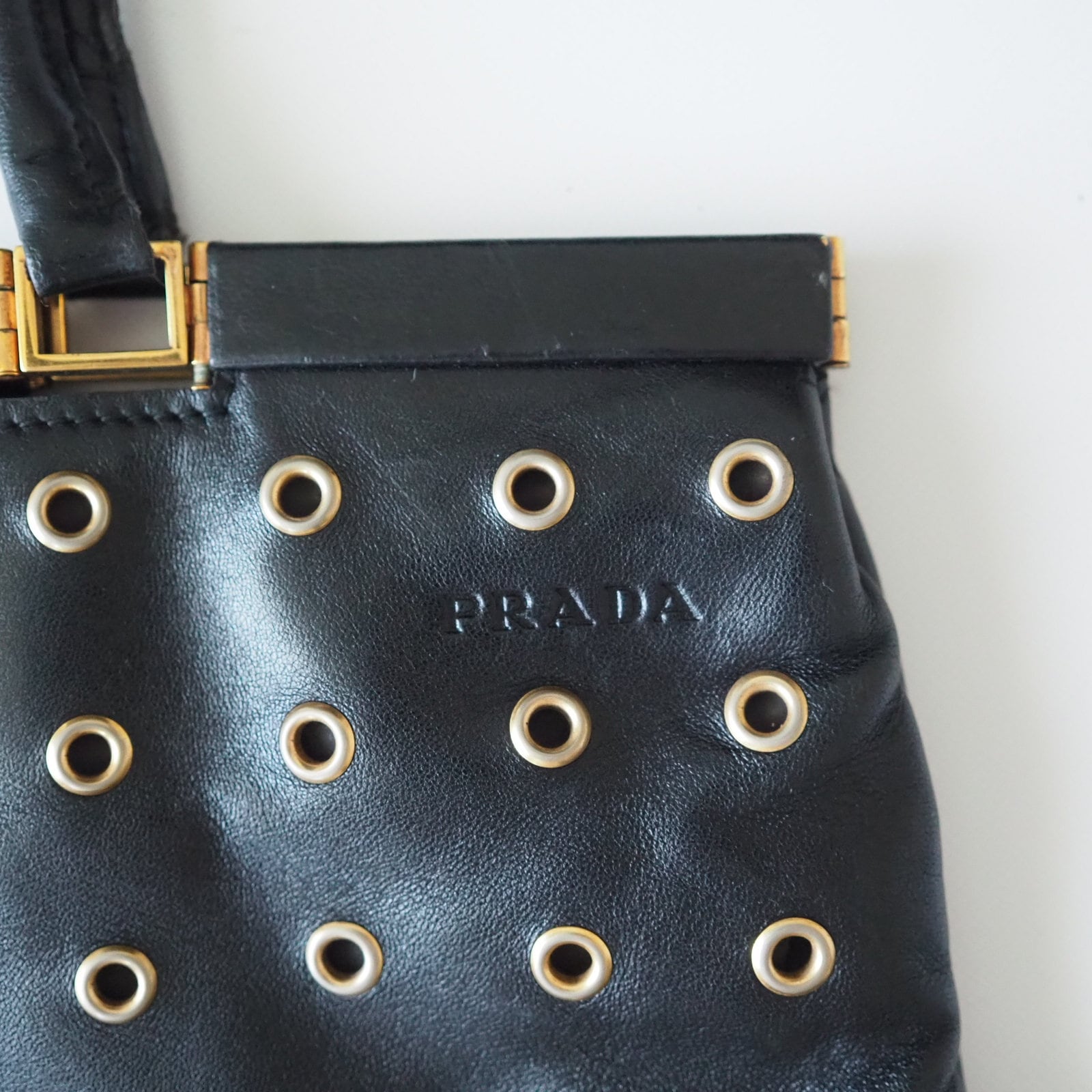 PRADA Punching leather Tote Hand Bag Black Authentic