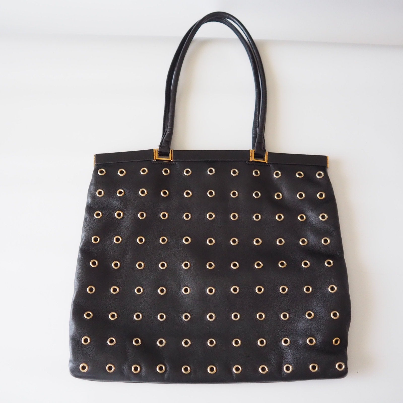 PRADA Punching leather Tote Hand Bag Black Authentic