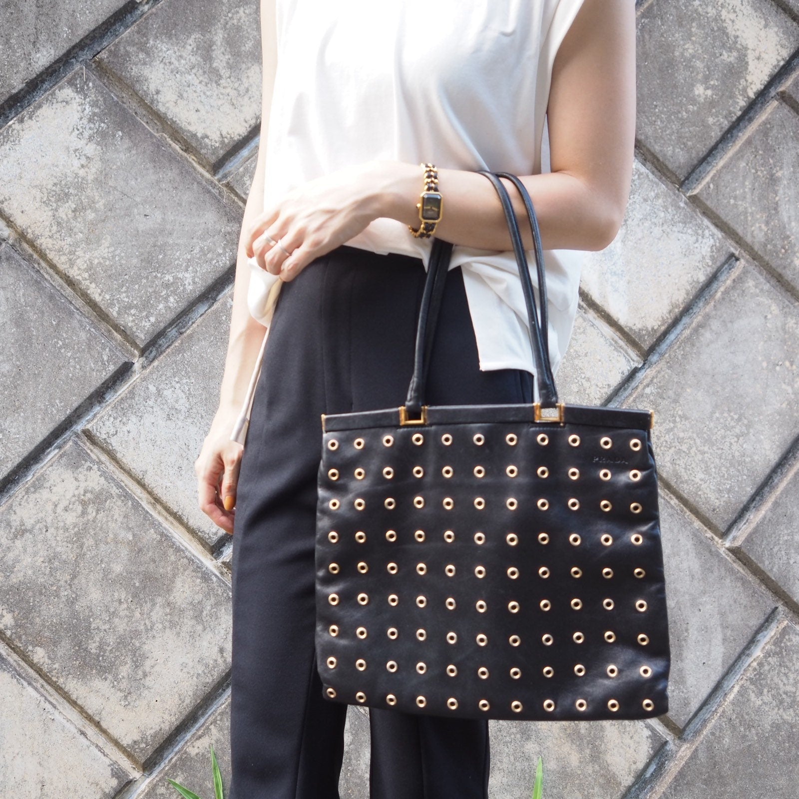 PRADA Punching leather Tote Hand Bag Black Authentic