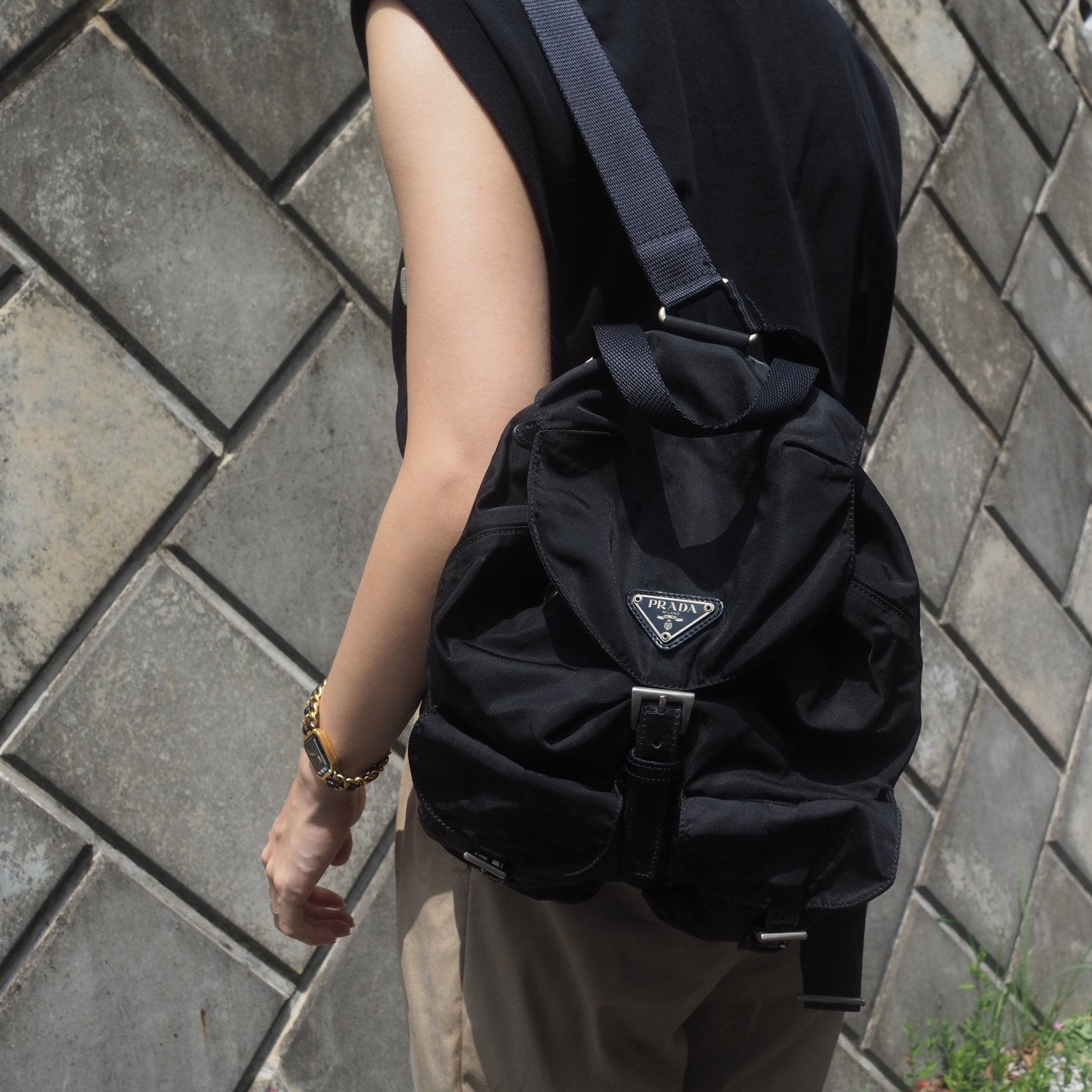 PRADA Nylon Backpack Bag Black Logo Purse Authentic