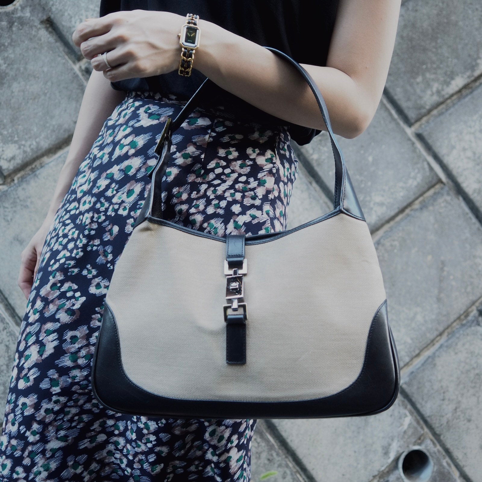 GUCCI Jackie Canvas Leather Shoulder Bag Beige Authentic