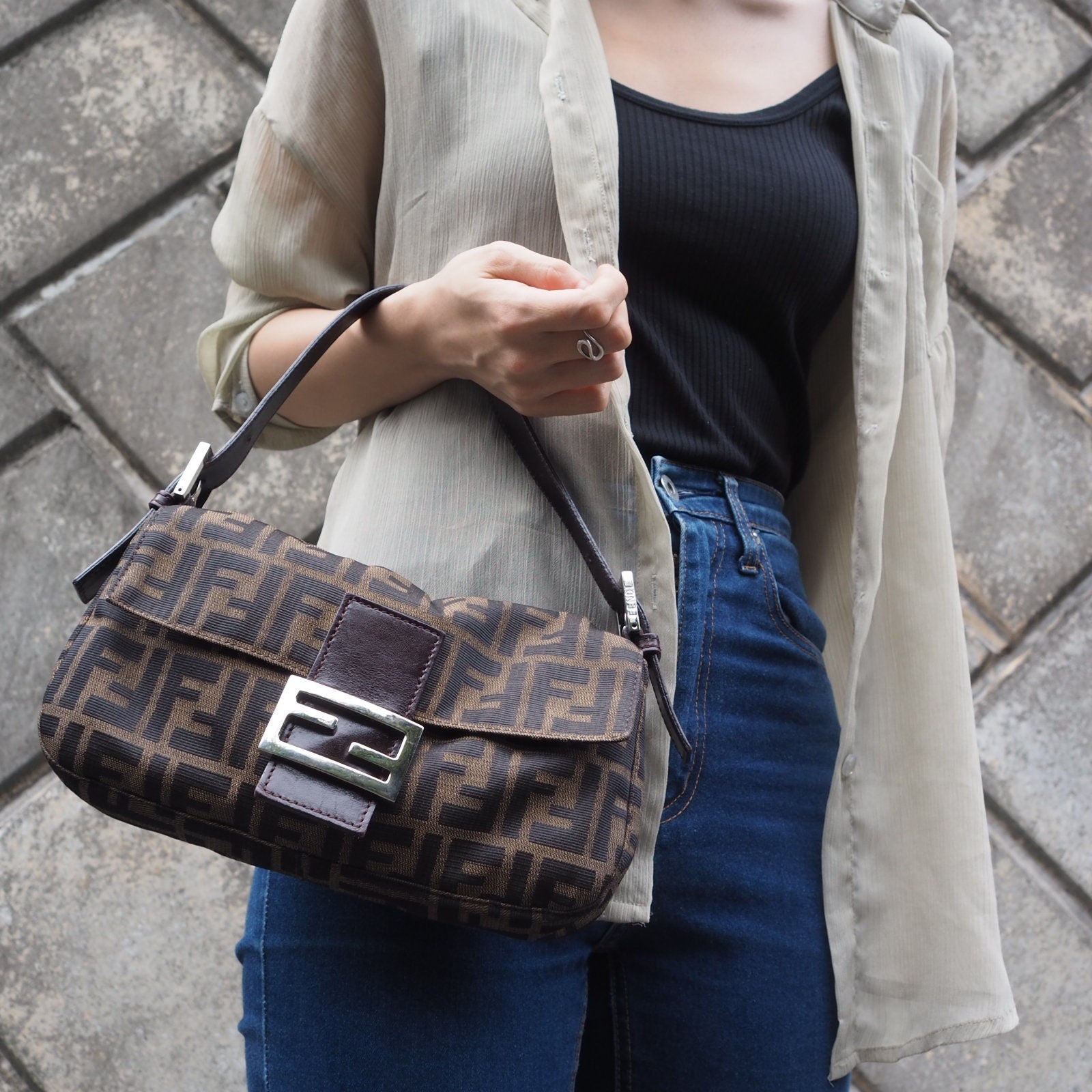 FENDI Zucca Canvas Leather mamma bucket Bag 26424 Authentic