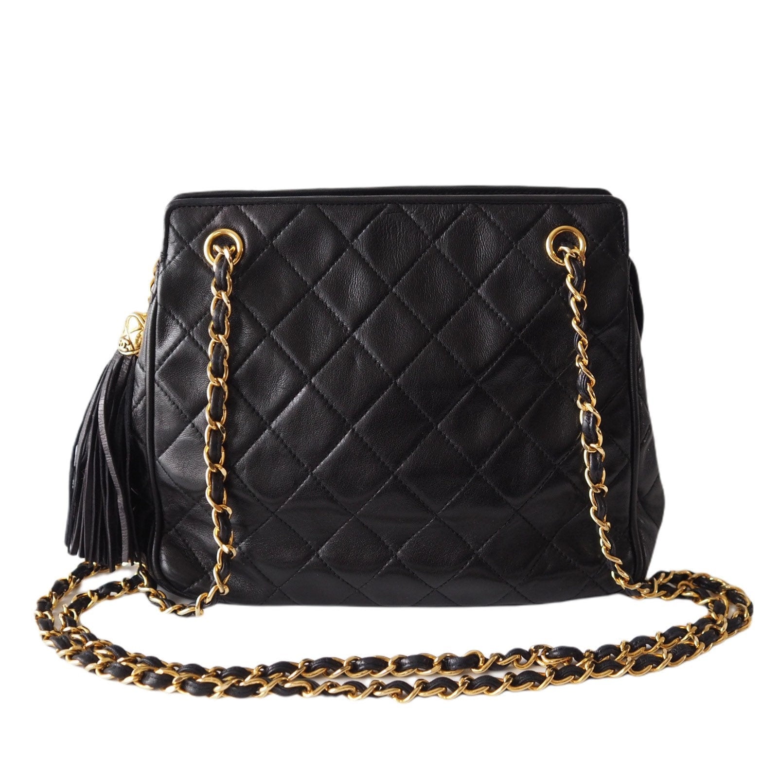 CHANEL Matelasse CC Fringe Shoulder Bag Leather Black Authentic