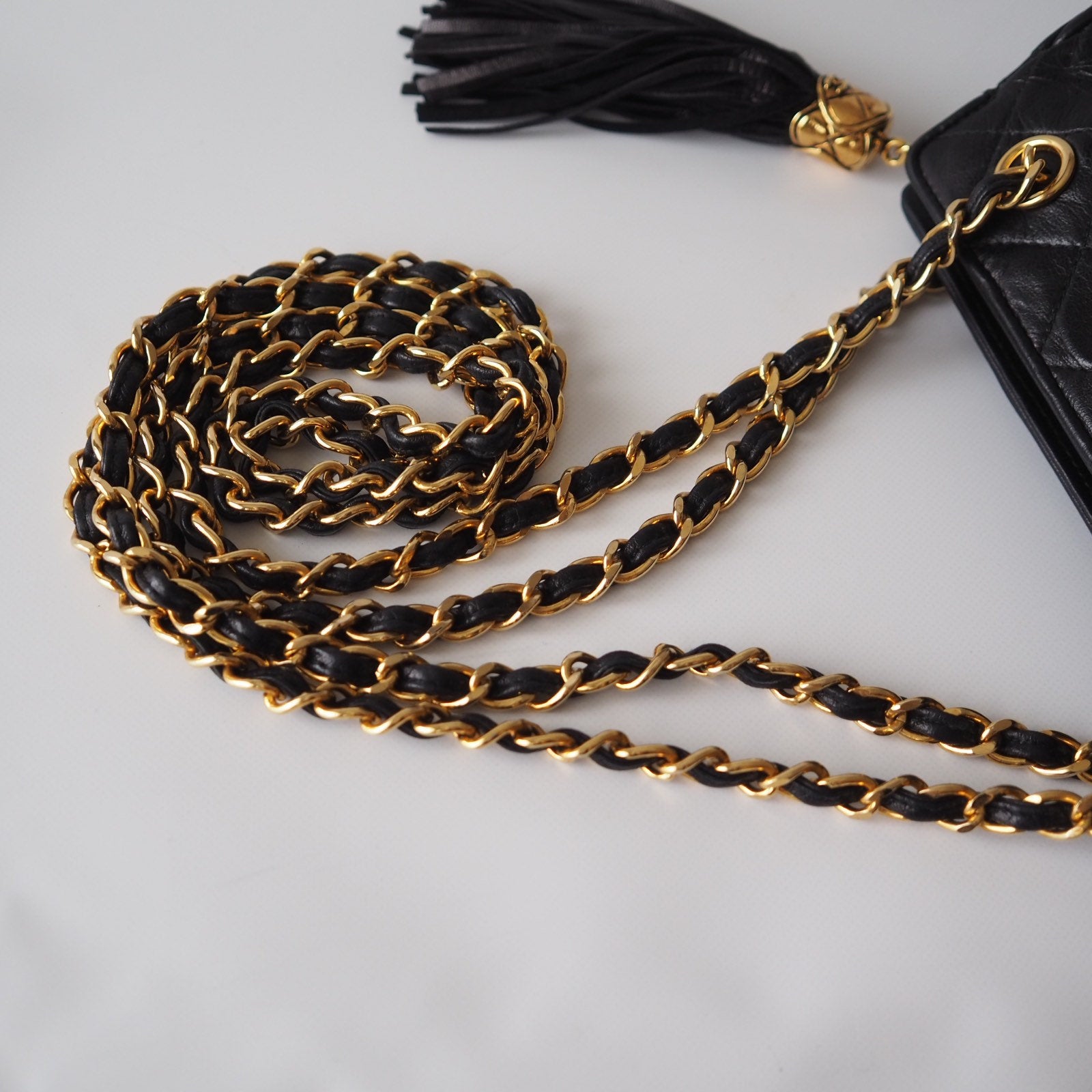 CHANEL Matelasse CC Fringe Shoulder Bag Leather Black Authentic