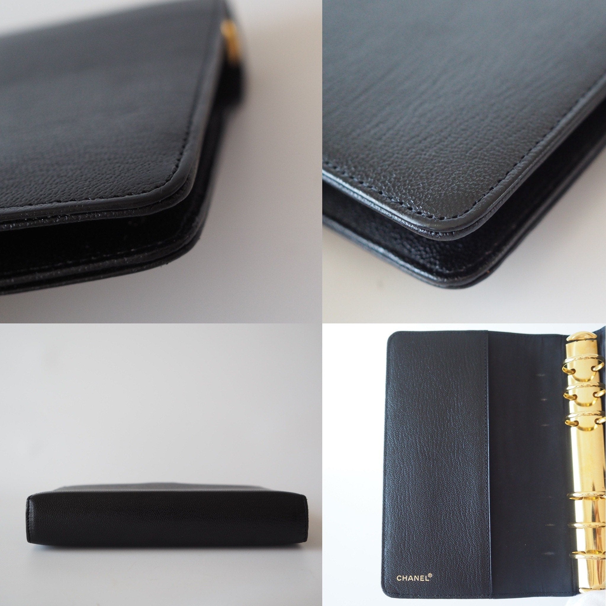 CHANEL CC Logo Caviar skin Leather 6 Ring Agenda Diary Black Vintage