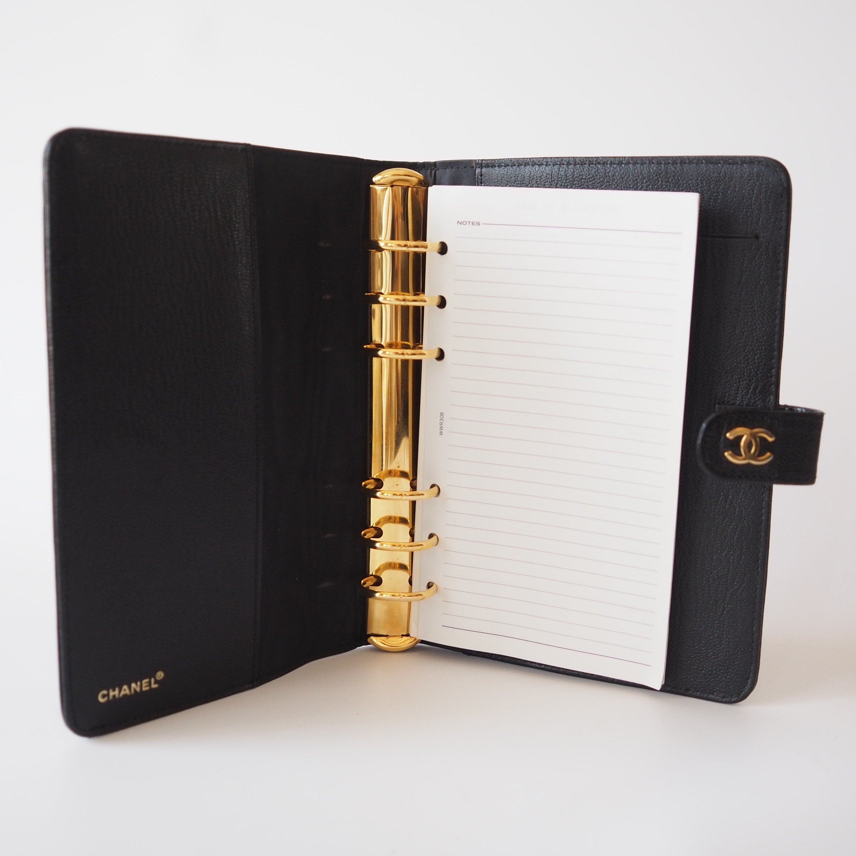 CHANEL CC Logo Caviar skin Leather 6 Ring Agenda Diary Black Vintage