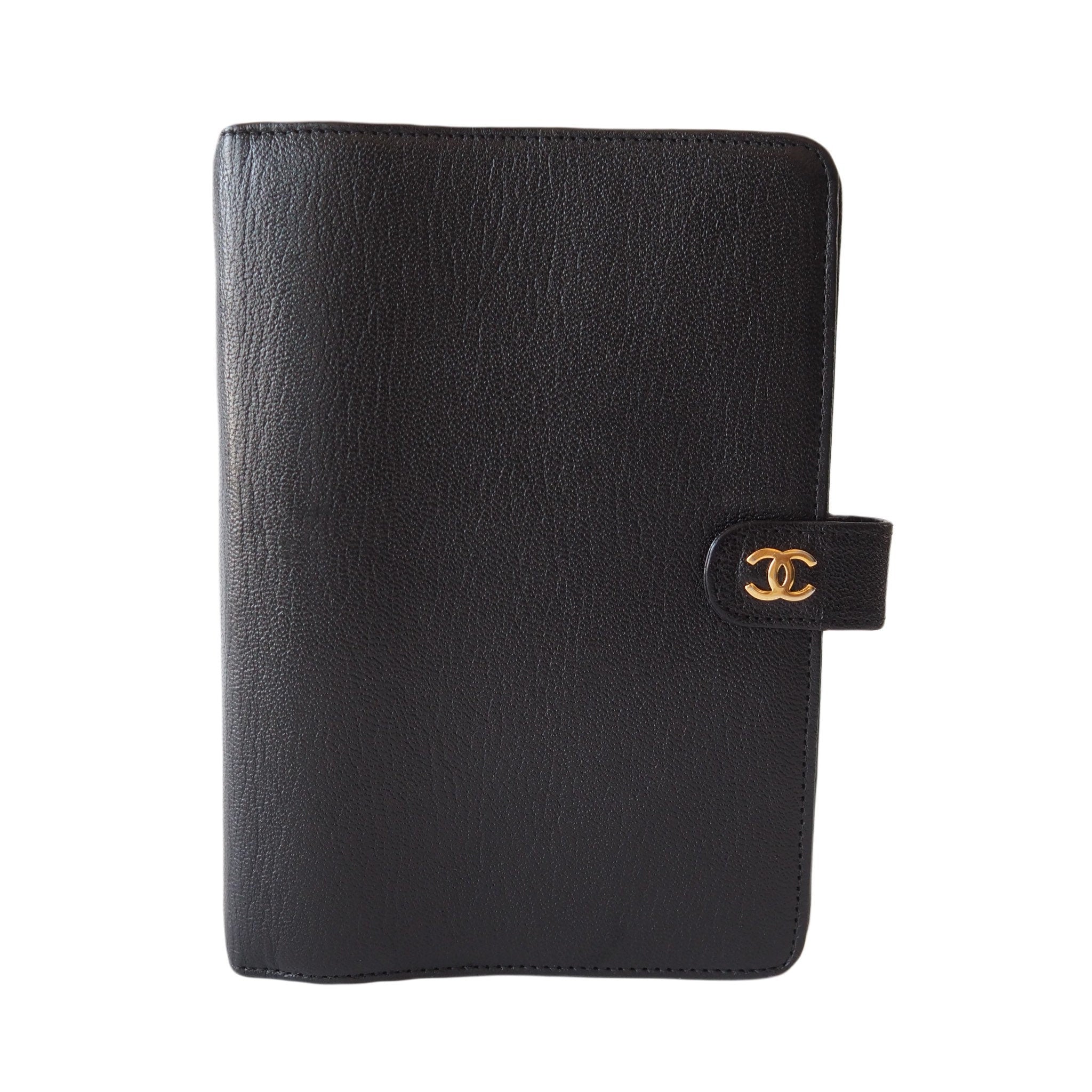 CHANEL CC Logo Caviar skin Leather 6 Ring Agenda Diary Black Vintage