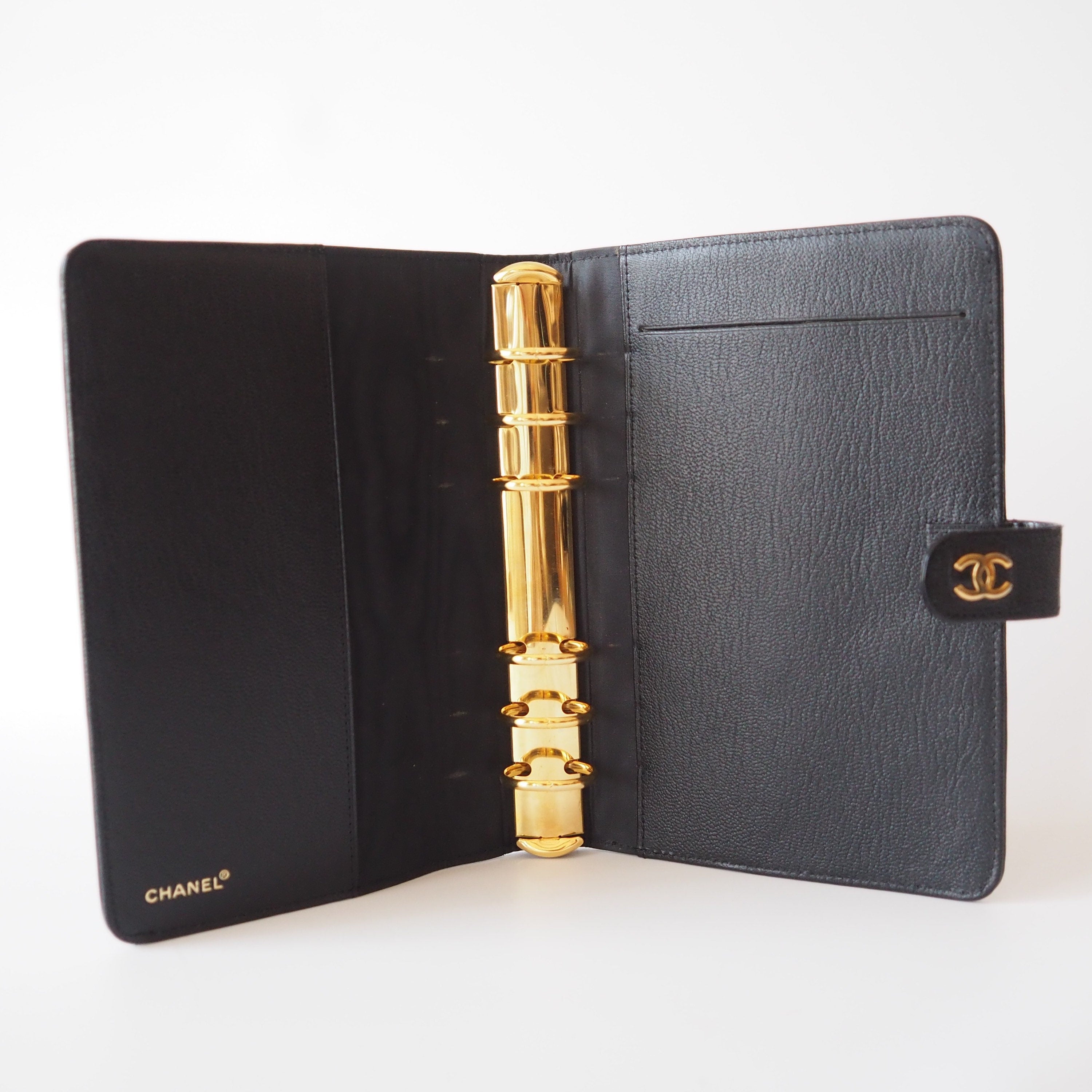 CHANEL CC Logo Caviar skin Leather 6 Ring Agenda Diary Black Vintage