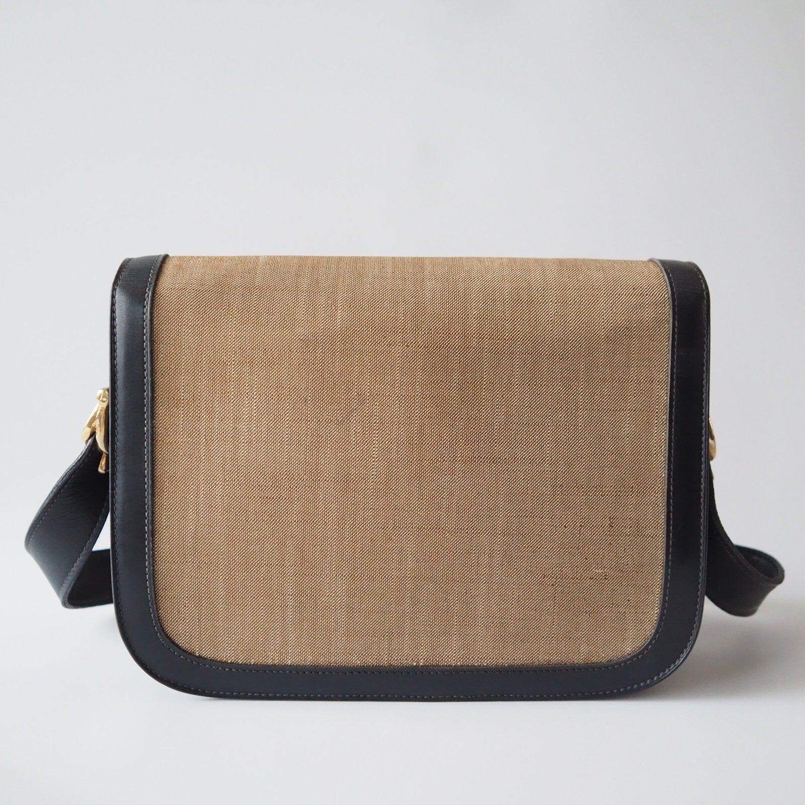 CELINE Sulky Metal parts Flap Shoulder bag Canvas leather Black Beige Authentic