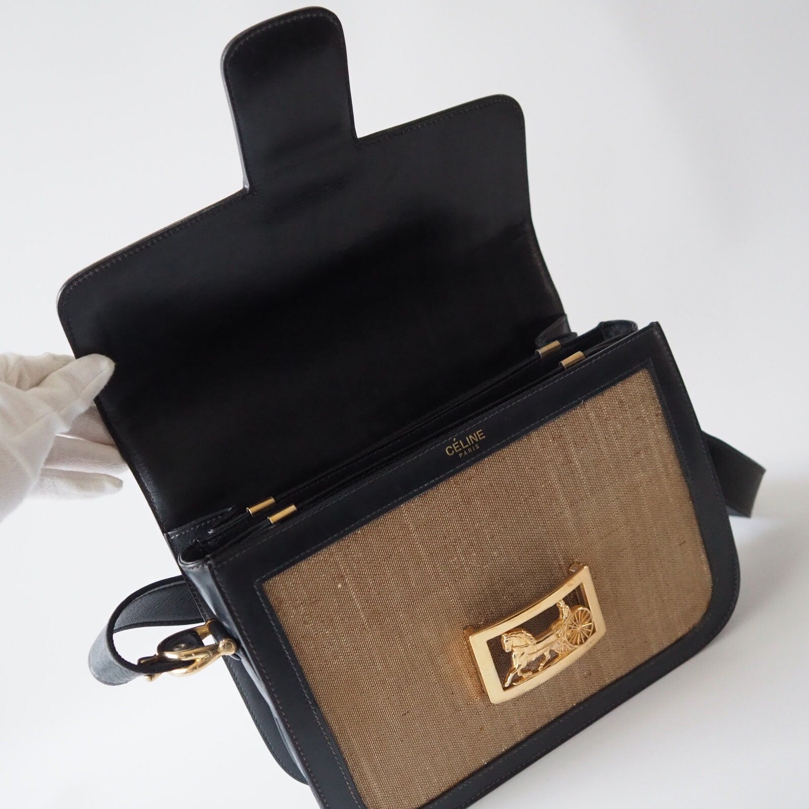 CELINE Sulky Metal parts Flap Shoulder bag Canvas leather Black Beige Authentic