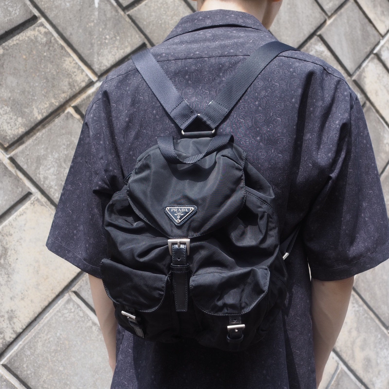 PRADA Nylon Backpack Bag Black Logo Purse Authentic