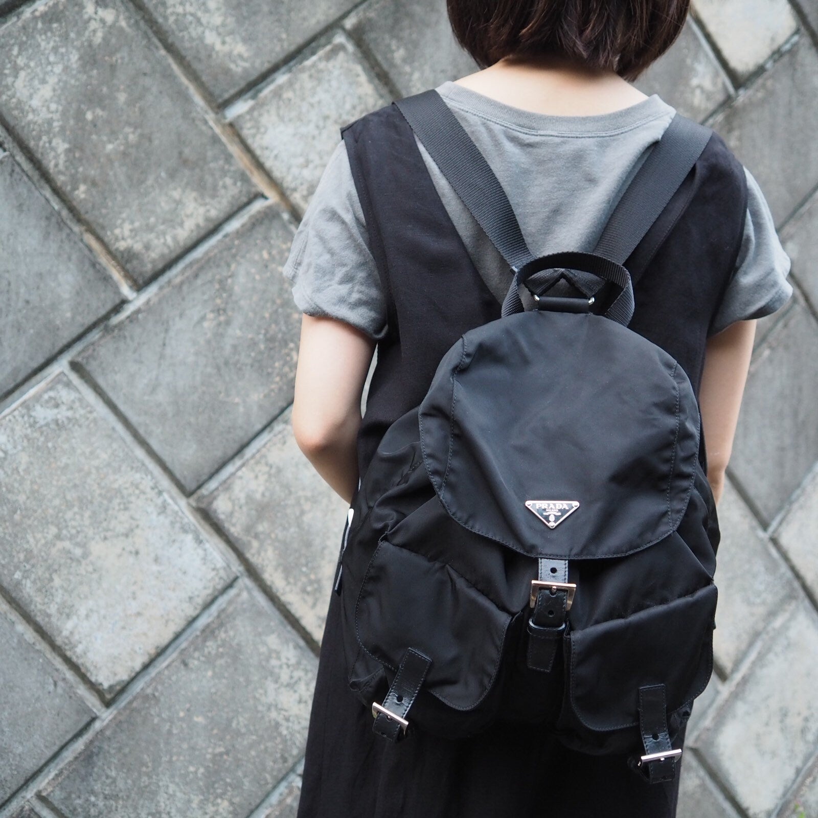 PRADA Nylon Backpack Bag Black Logo Purse Authentic