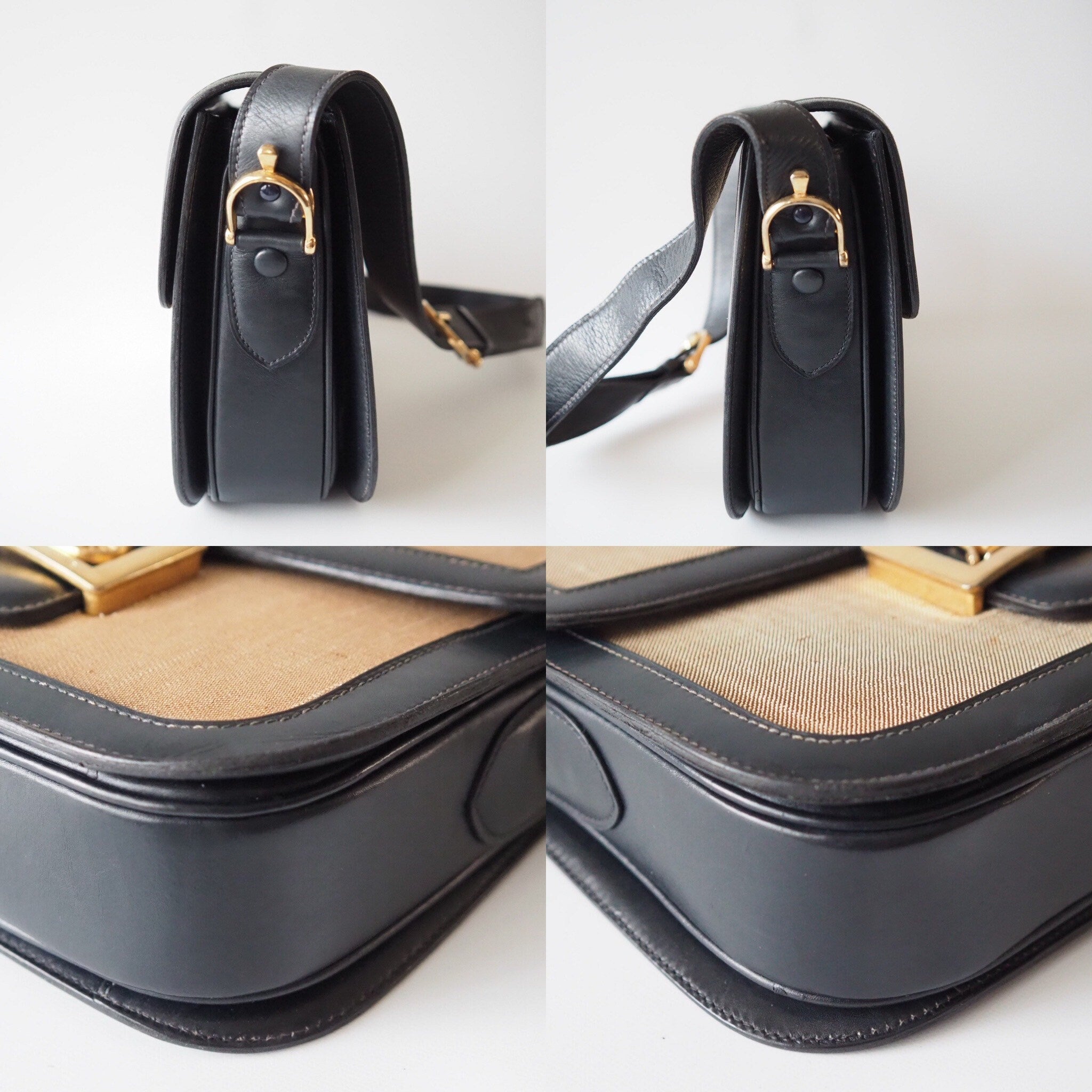 CELINE Sulky Metal parts Flap Shoulder bag Canvas leather Black Beige Authentic