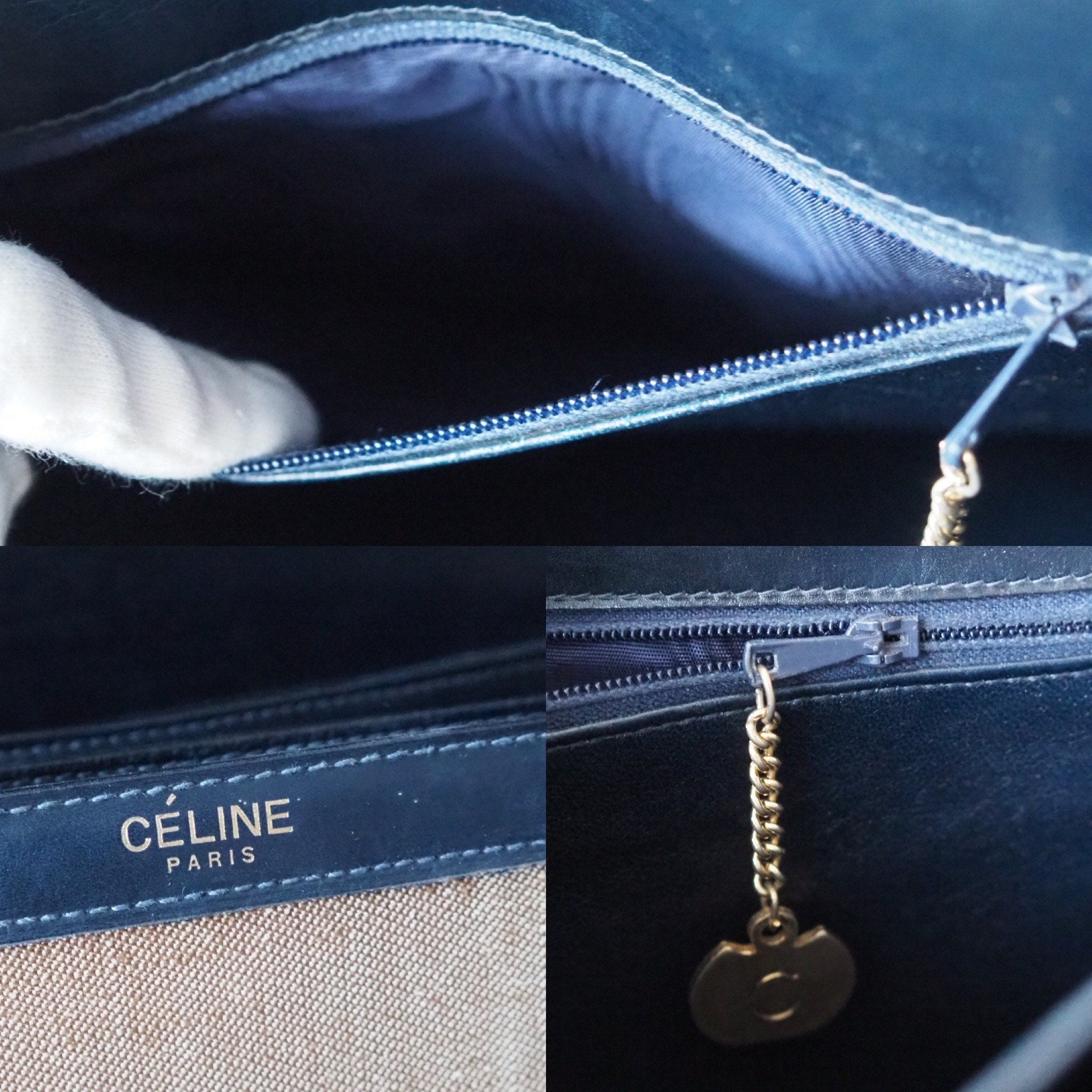 CELINE Sulky Metal parts Flap Shoulder bag Canvas leather Black Beige Authentic