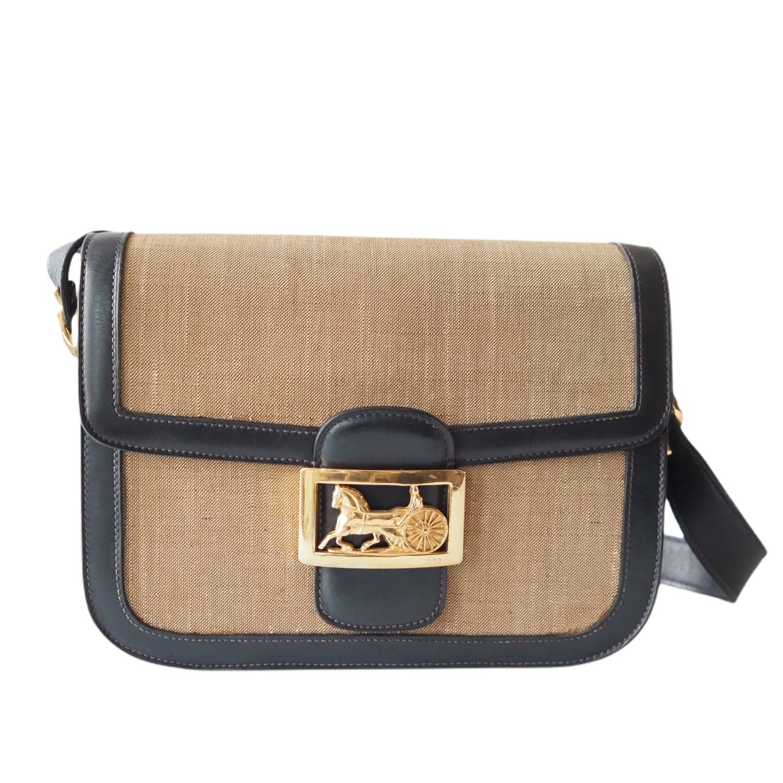 CELINE Sulky Metal parts Flap Shoulder bag Canvas leather Black Beige Authentic