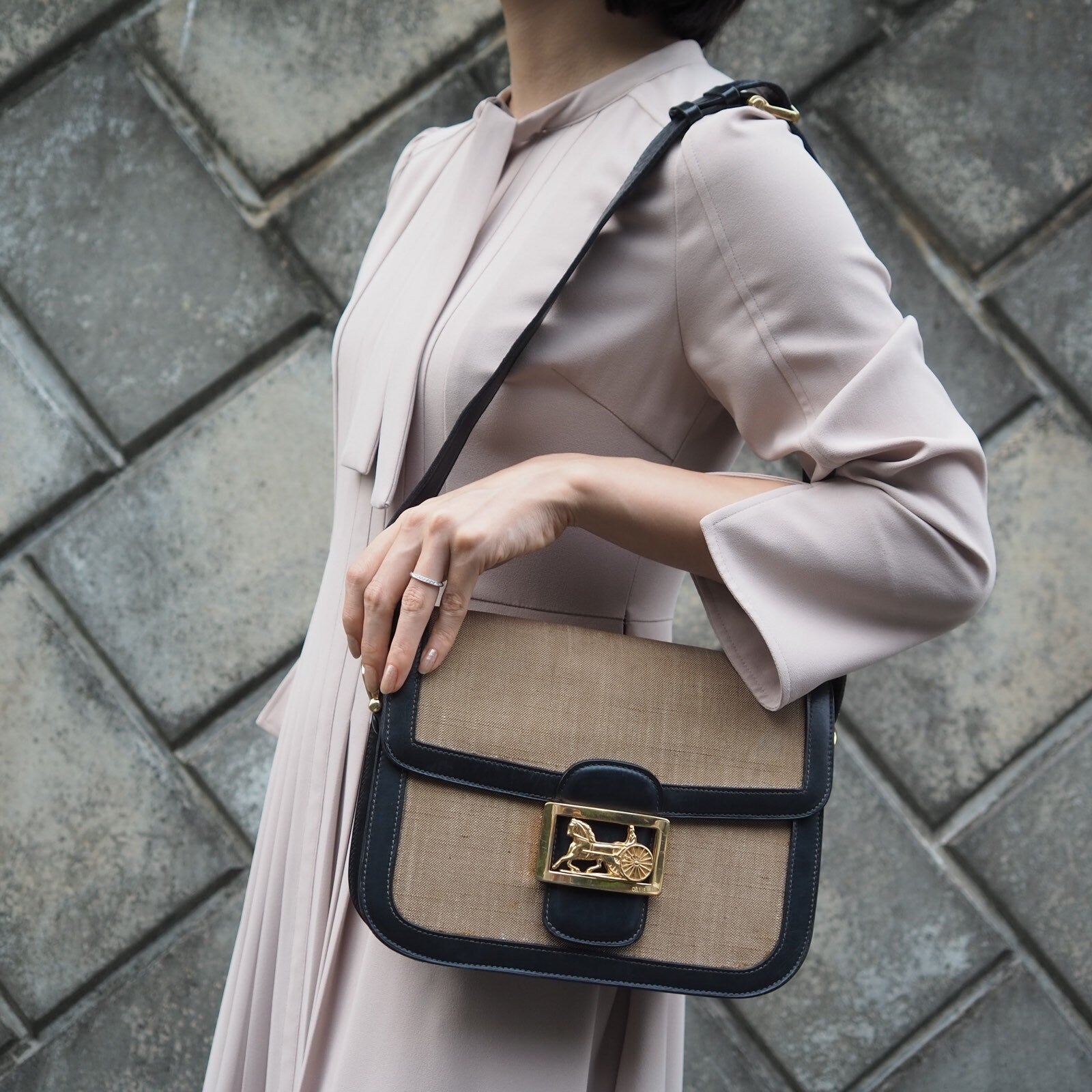 CELINE Sulky Metal parts Flap Shoulder bag Canvas leather Black Beige Authentic