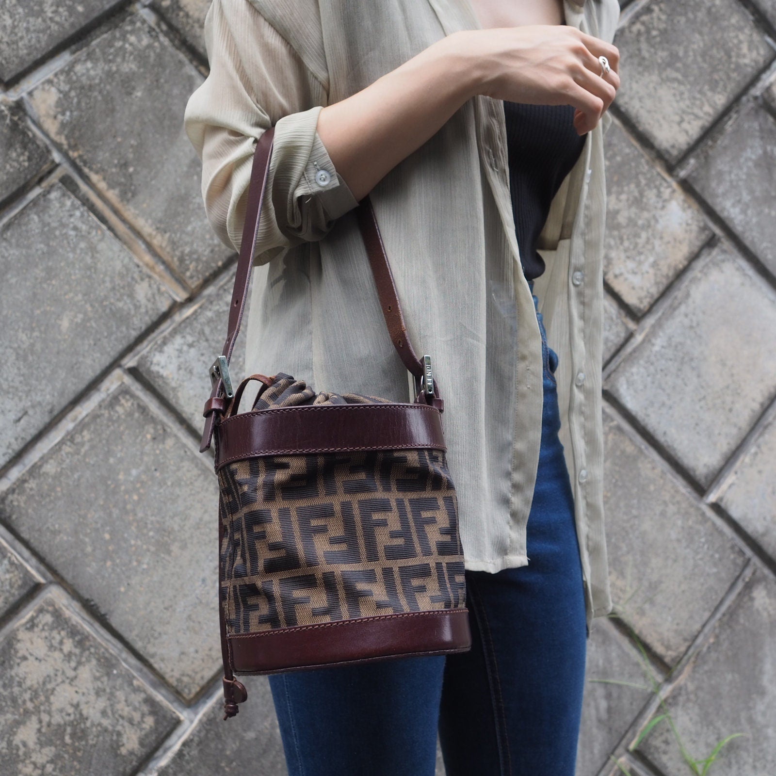 FENDI Zucca Hand Bag bucket Nylon Leather Brown Authentic