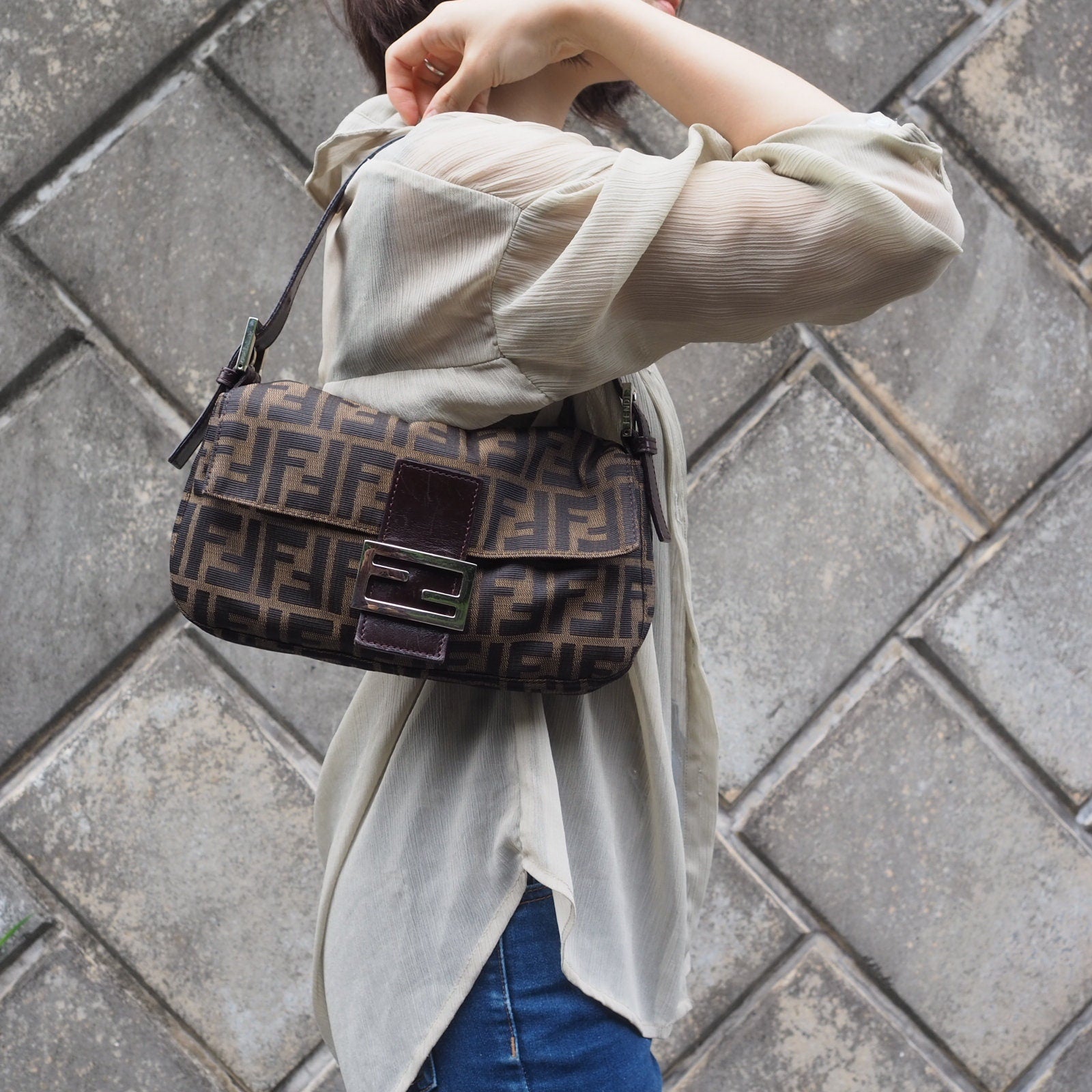 FENDI Zucca Canvas Leather mamma bucket Bag 26424 Authentic