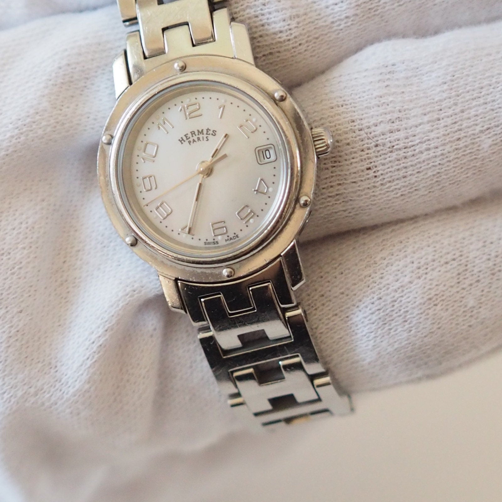 HERMES Watch Wristwatch Clipper CL4.210 Quartz White Shell Dial Ladies Steel Vintage