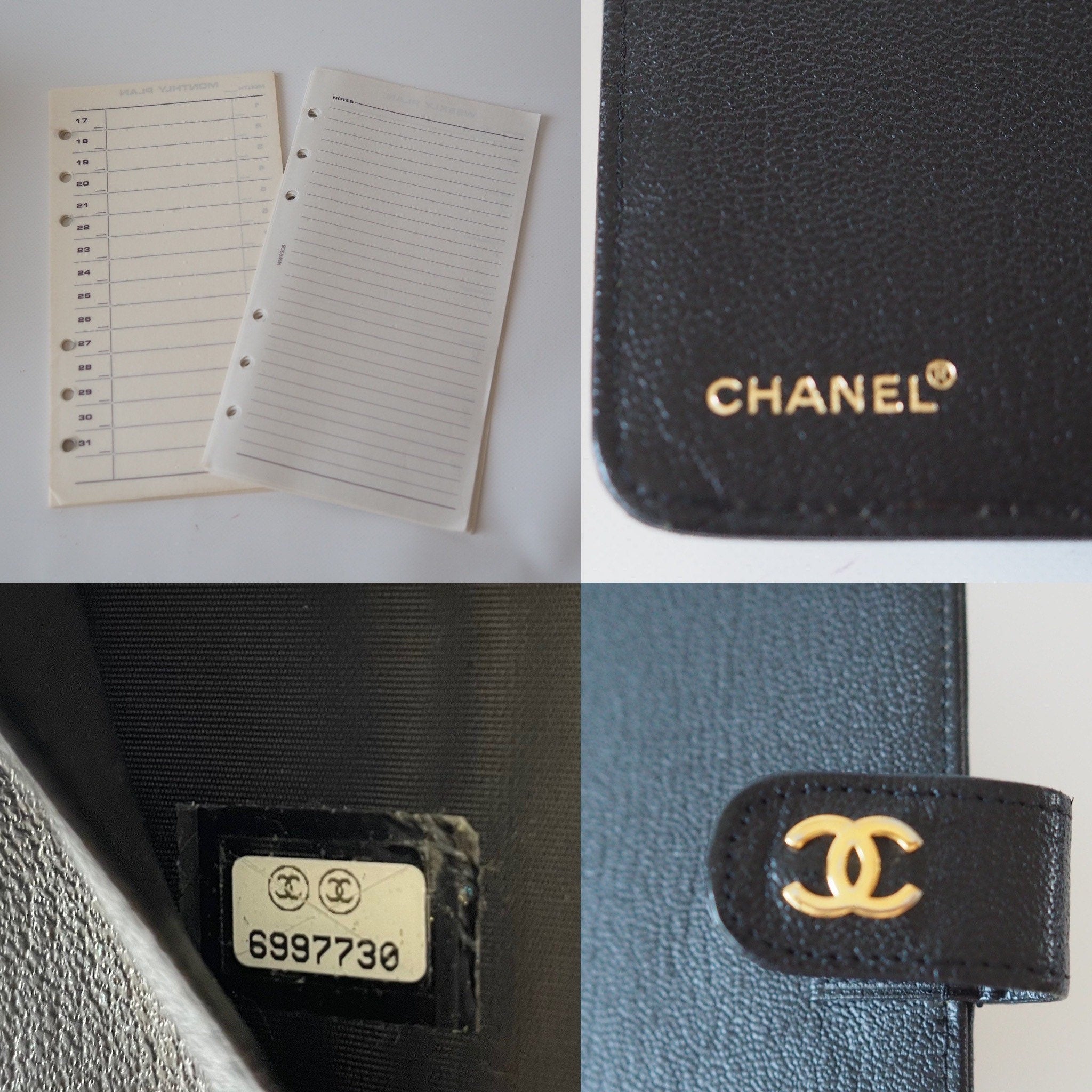 CHANEL CC Logo Caviar skin Leather 6 Ring Agenda Diary Black Vintage