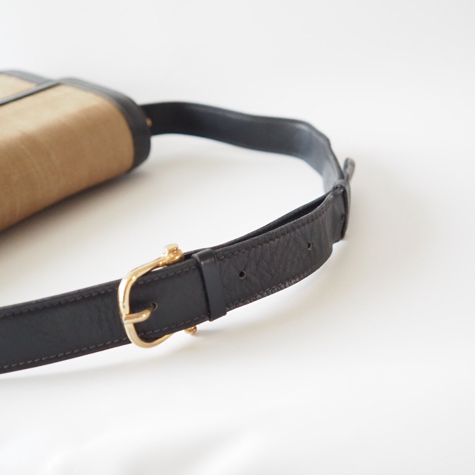 CELINE Sulky Metal parts Flap Shoulder bag Canvas leather Black Beige Authentic