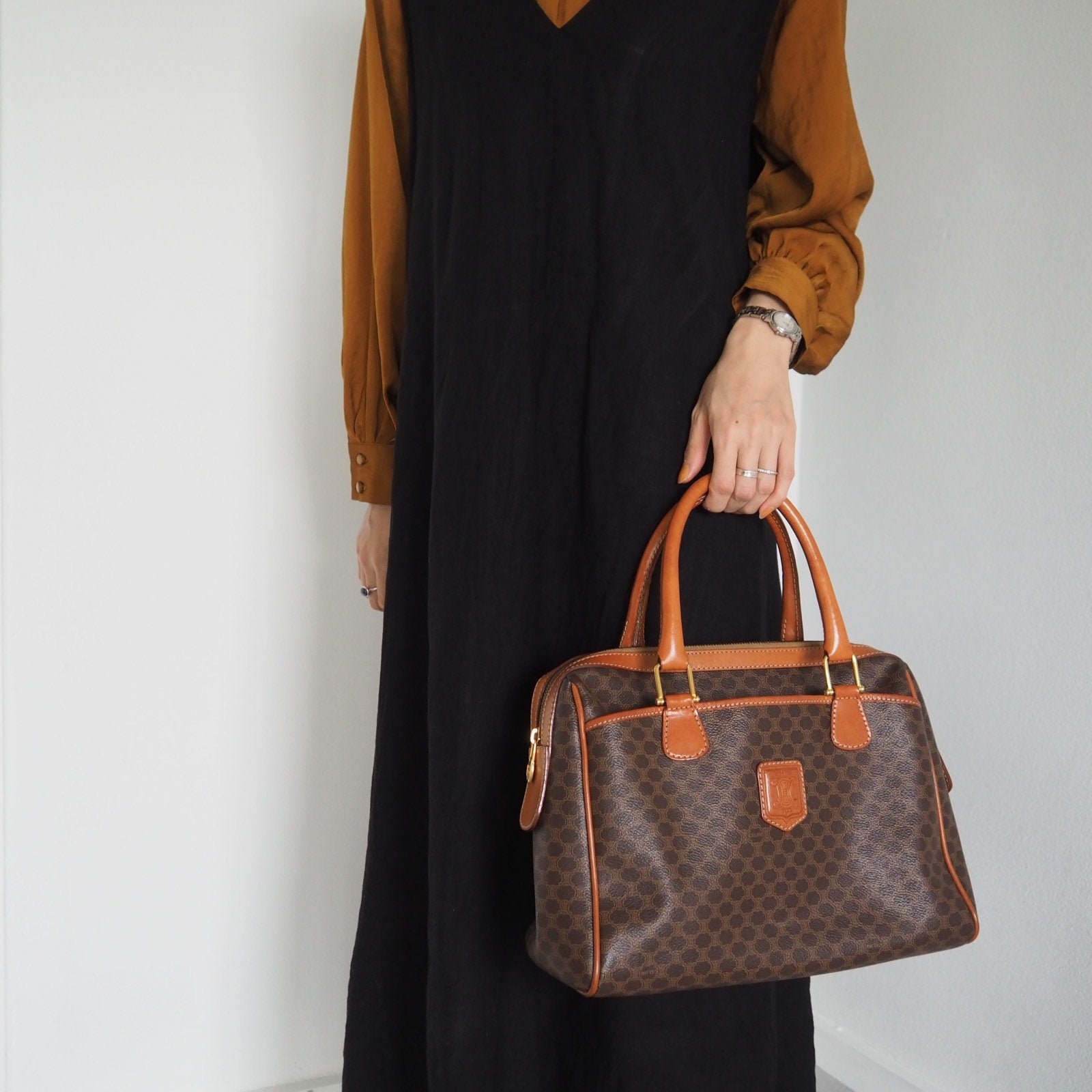 CELINE Macadam Hand Boston Bag Brown Vintage Authentic