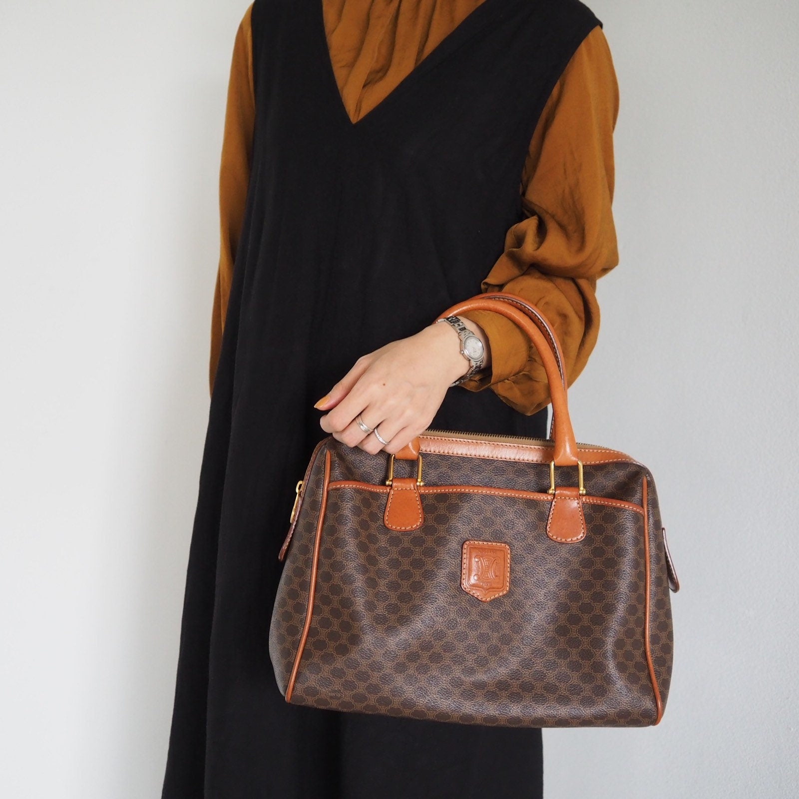 CELINE Macadam Hand Boston Bag Brown Vintage Authentic