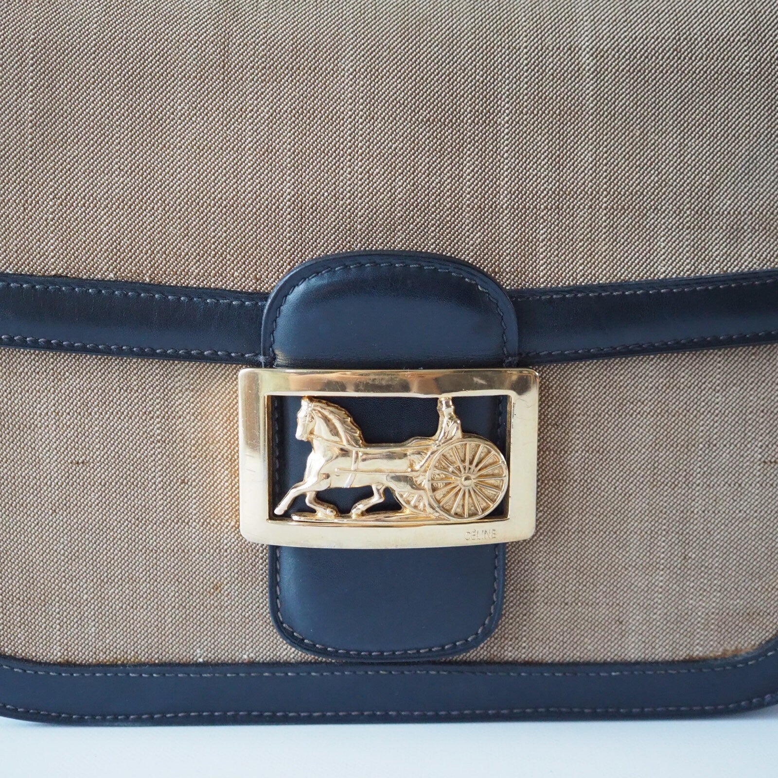 CELINE Sulky Metal parts Flap Shoulder bag Canvas leather Black Beige Authentic