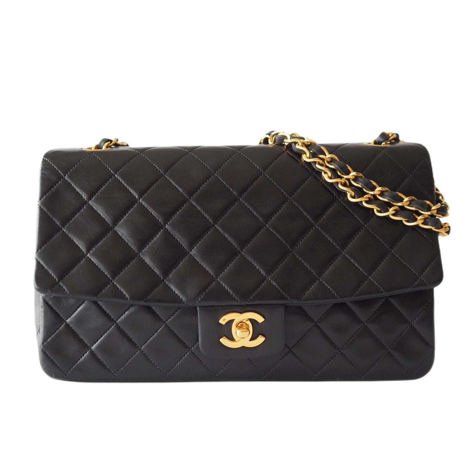 CHANEL Matelasse Quilted CC Logo Double Chain Shoulder Bag With pouch Black Authentic
