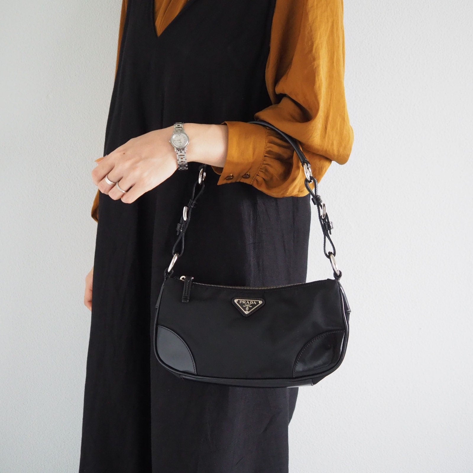 PRADA Nylon Patent Leather Shoulder Bag Accessory Pouch Black Logo Authentic