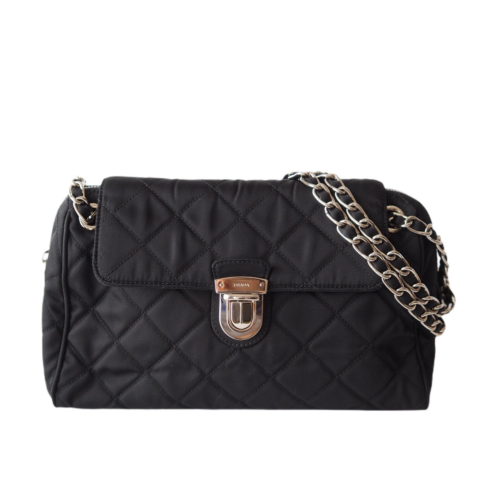 PRADA Nylon Quilting Chain Shoulder Bag Black Purse Authentic