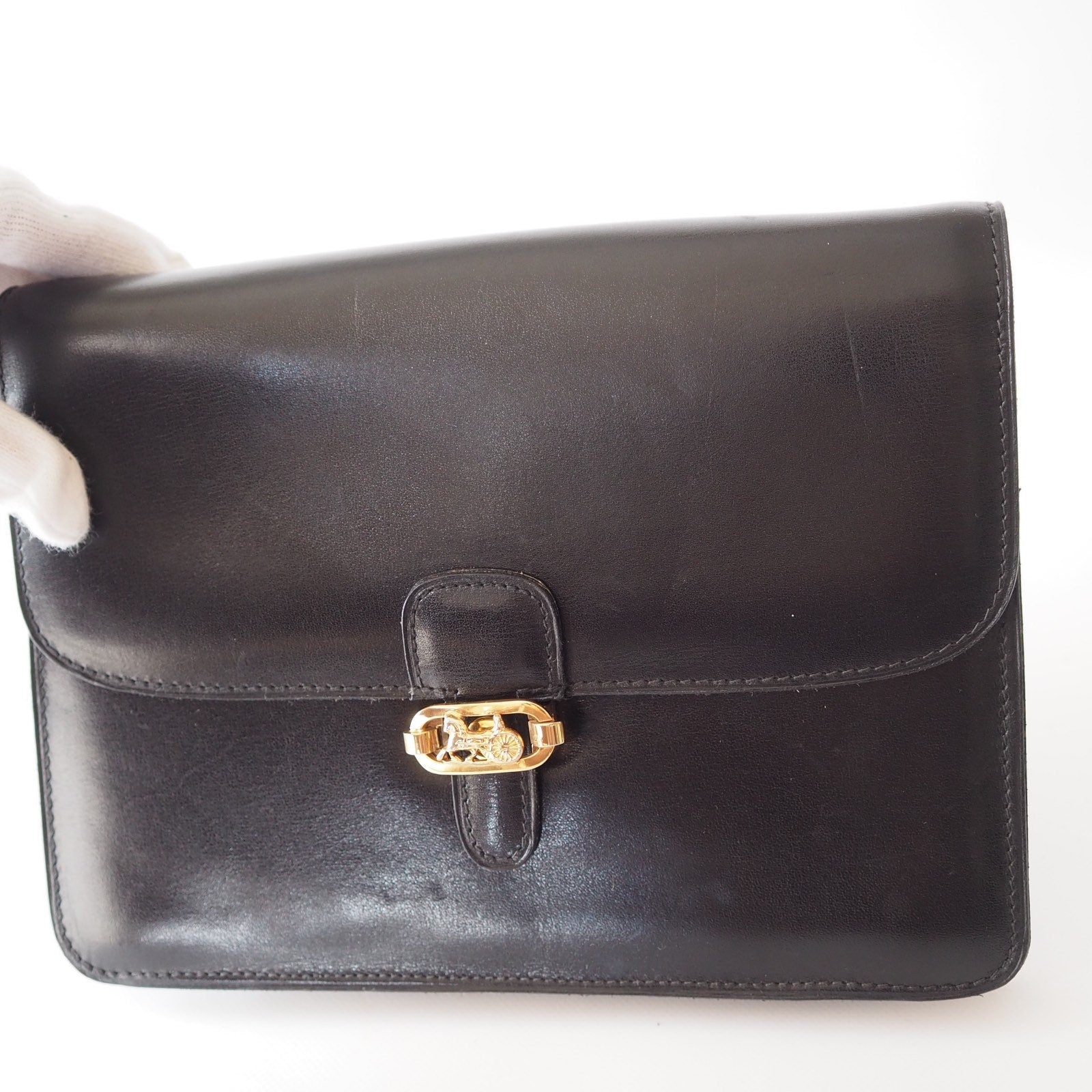 CELINE Sulky Metal Parts Chain Shoulder bag Calf leather Black GHW Authentic Vintage Classical