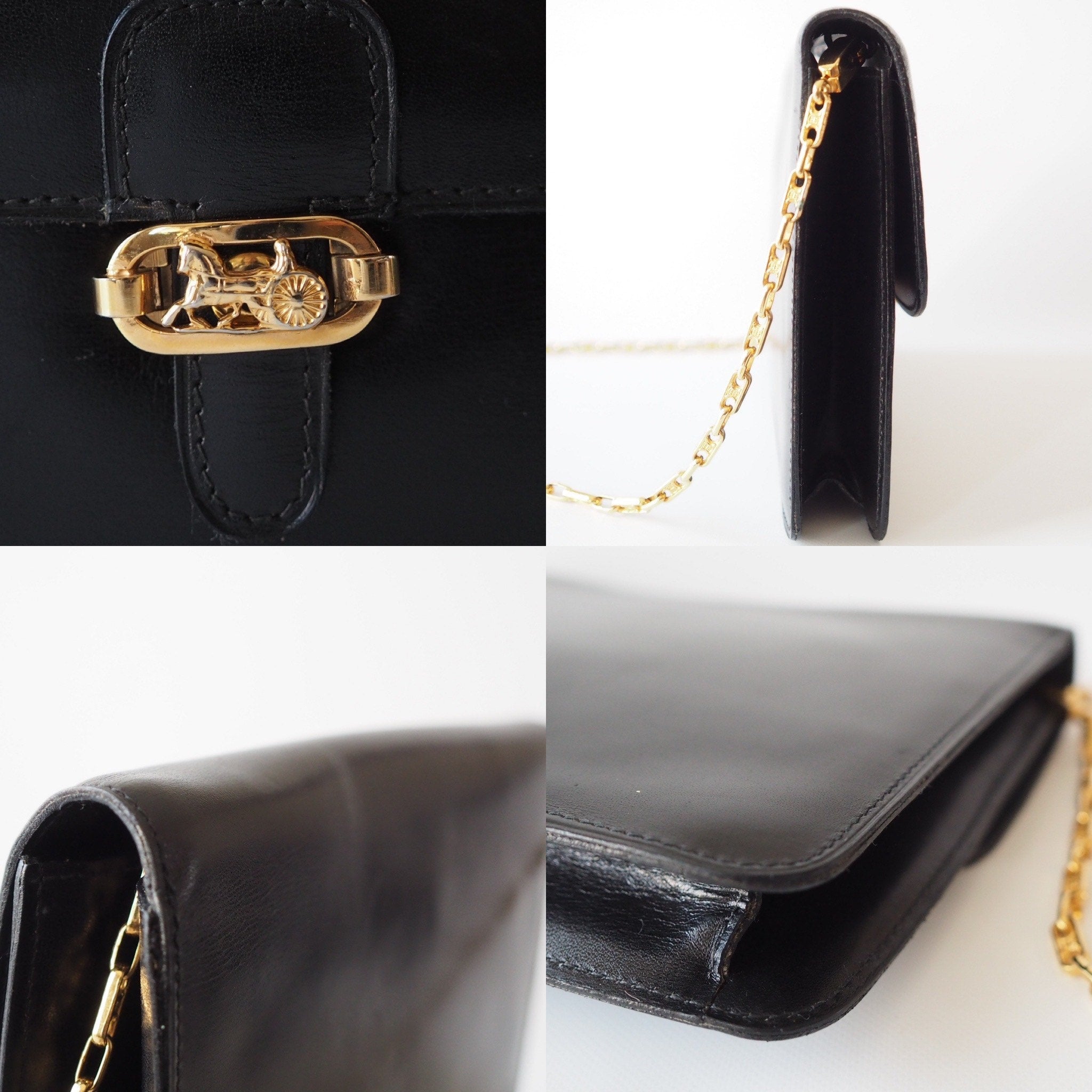 CELINE Sulky Metal Parts Chain Shoulder bag Calf leather Black GHW Authentic Vintage Classical