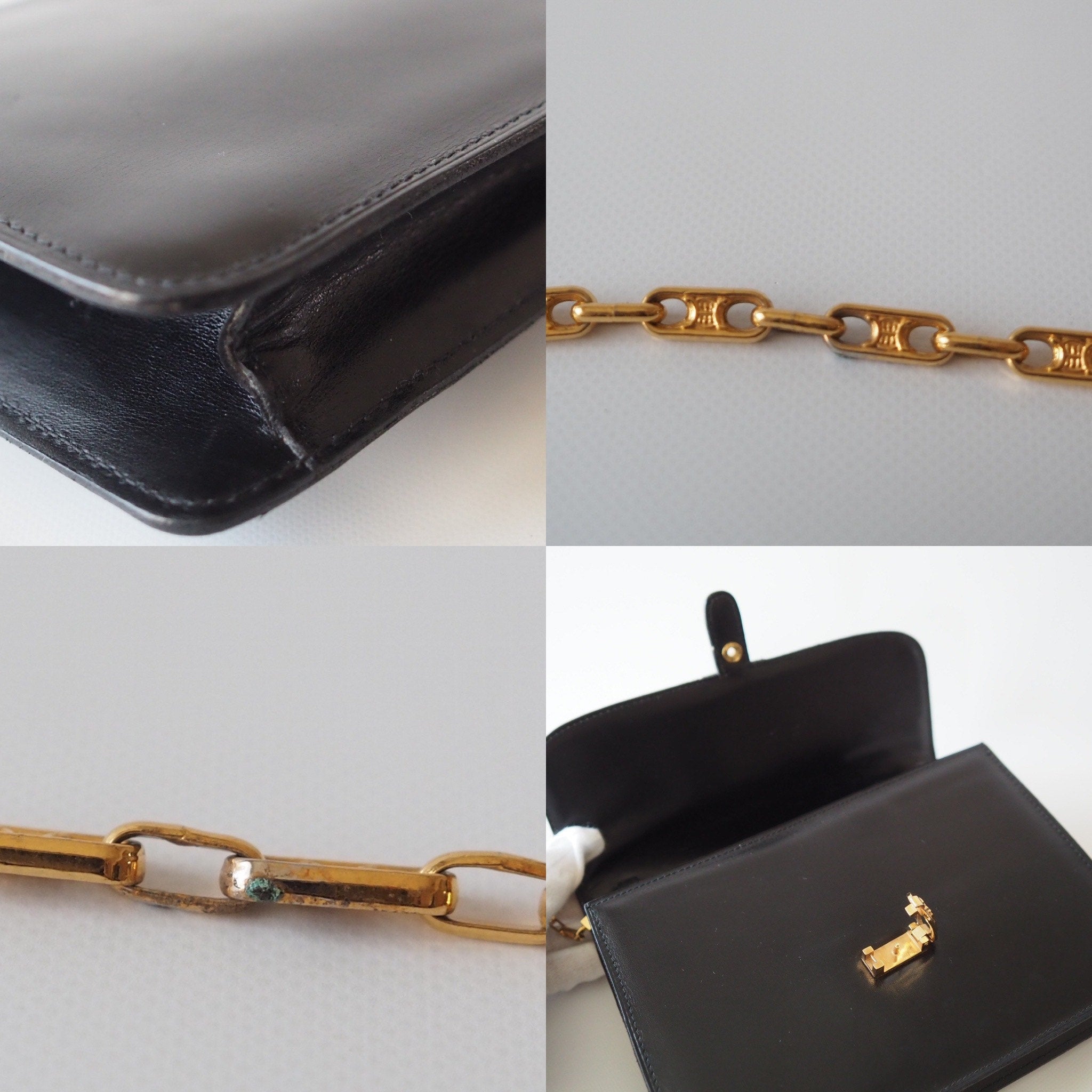 CELINE Sulky Metal Parts Chain Shoulder bag Calf leather Black GHW Authentic Vintage Classical