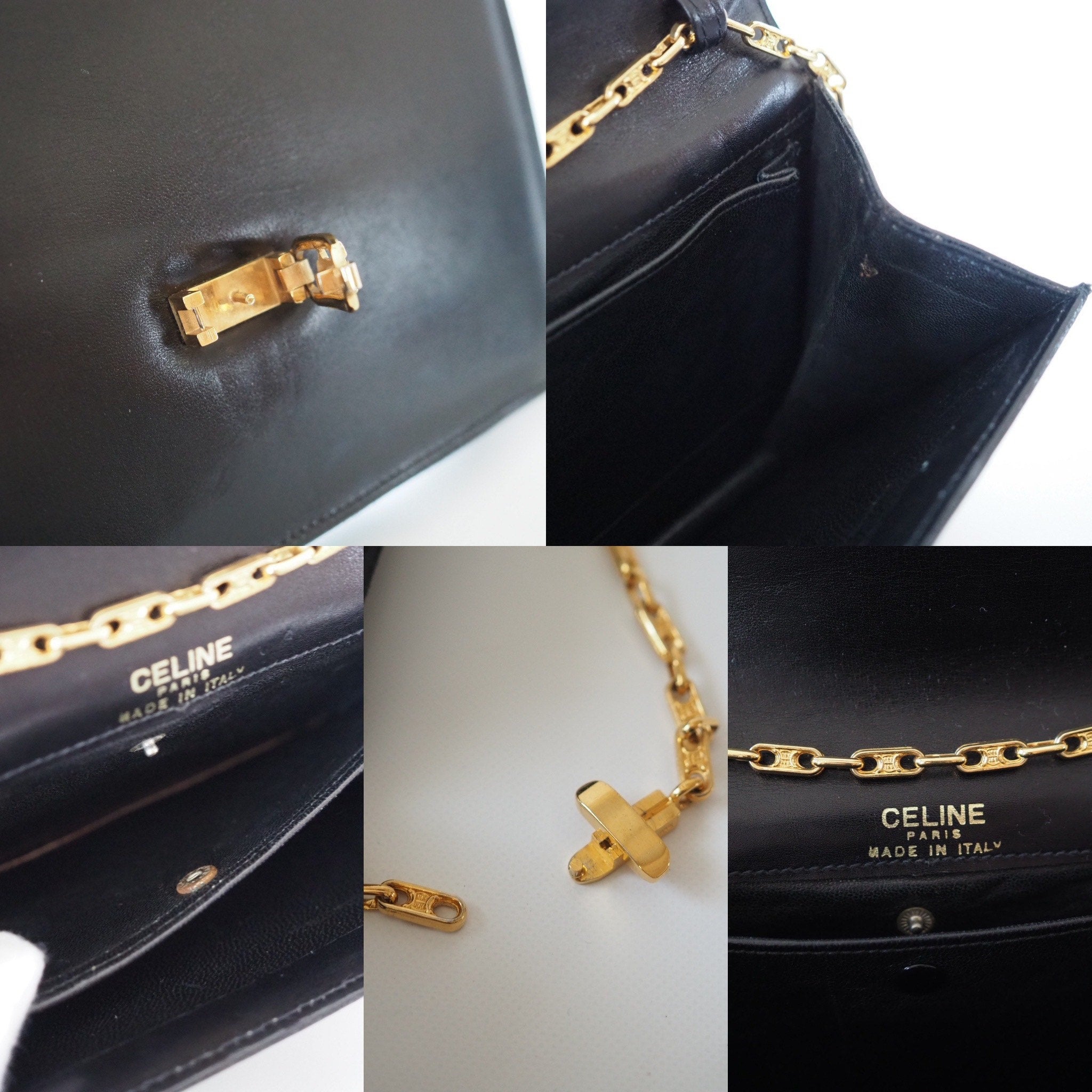 CELINE Sulky Metal Parts Chain Shoulder bag Calf leather Black GHW Authentic Vintage Classical