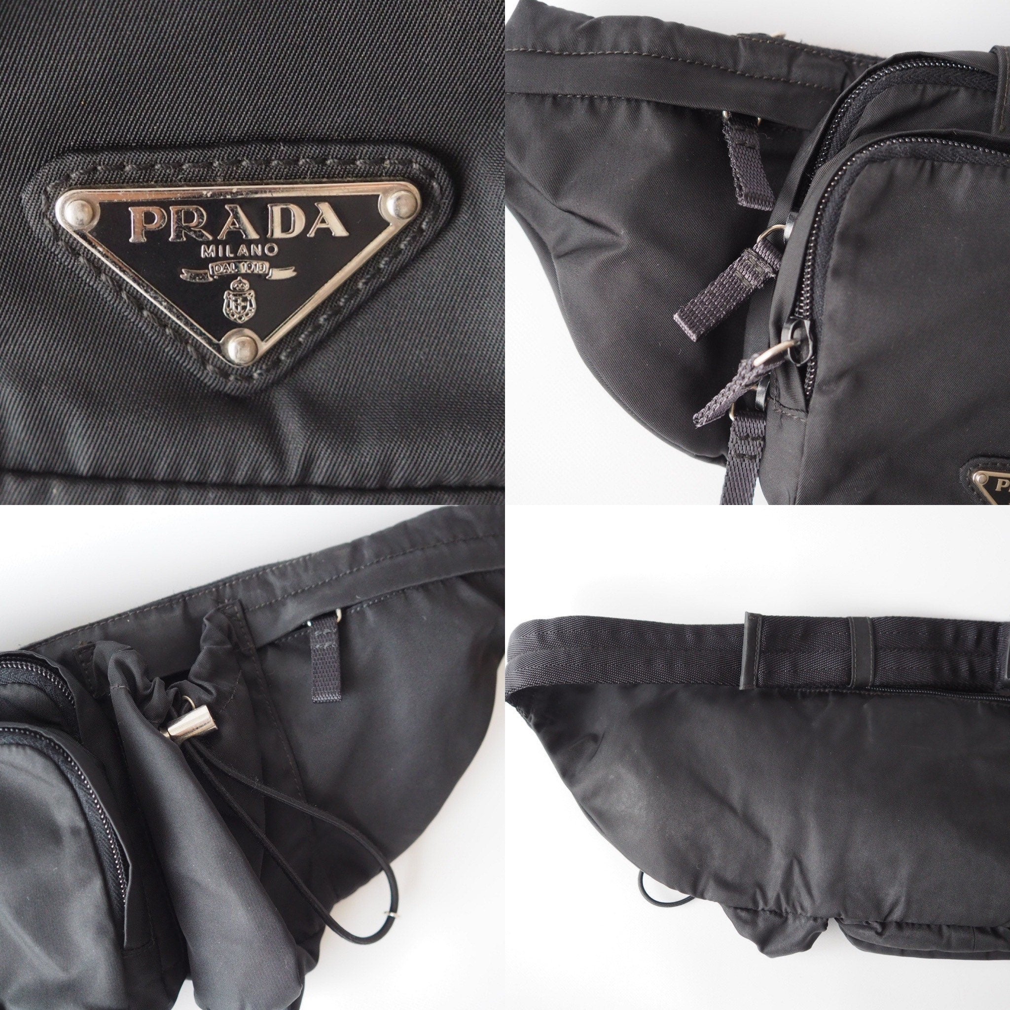 PRADA Nylon Body Bag Waist Pouch Black Logo Purse Authentic