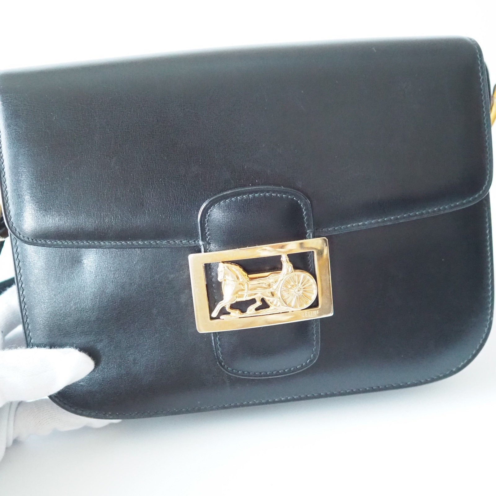 CELINE Sulky Metal parts Flap Shoulder bag Calf leather Black GHW Authentic Vintage Classical