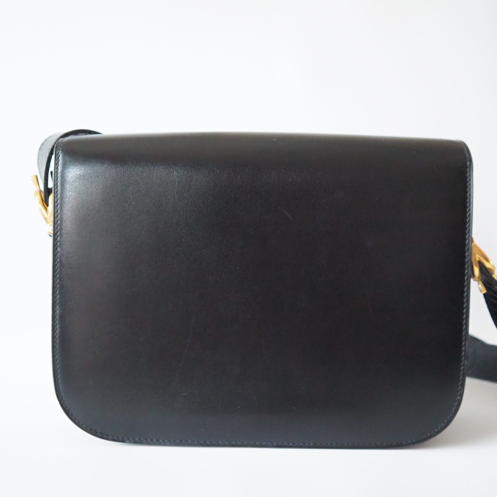 CELINE Sulky Metal parts Flap Shoulder bag Calf leather Black GHW Authentic Vintage Classical