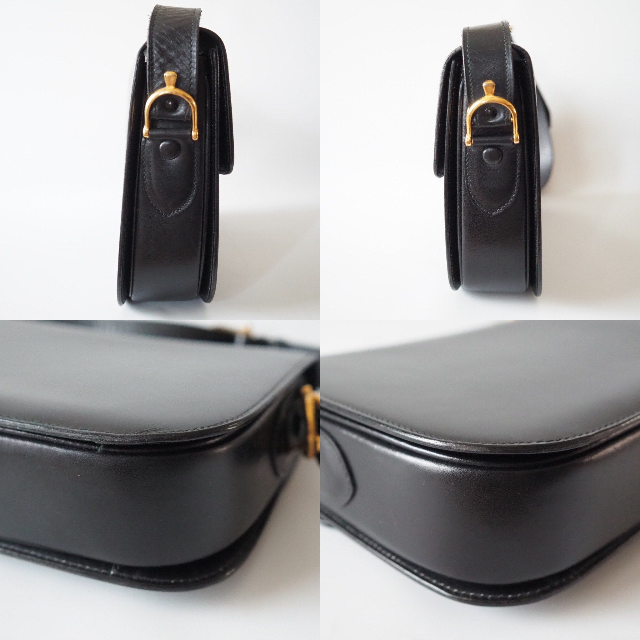 CELINE Sulky Metal parts Flap Shoulder bag Calf leather Black GHW Authentic Vintage Classical