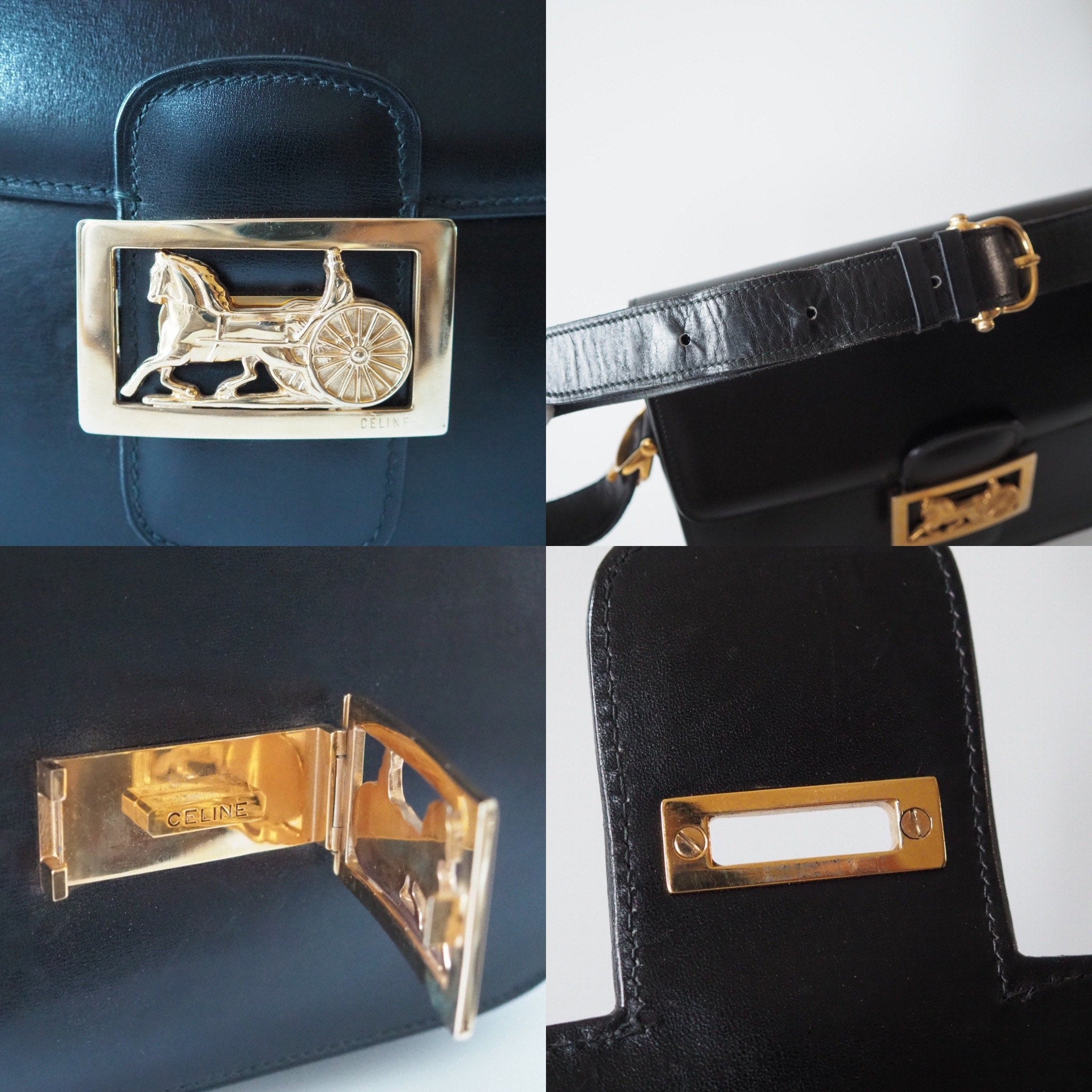 CELINE Sulky Metal parts Flap Shoulder bag Calf leather Black GHW Authentic Vintage Classical