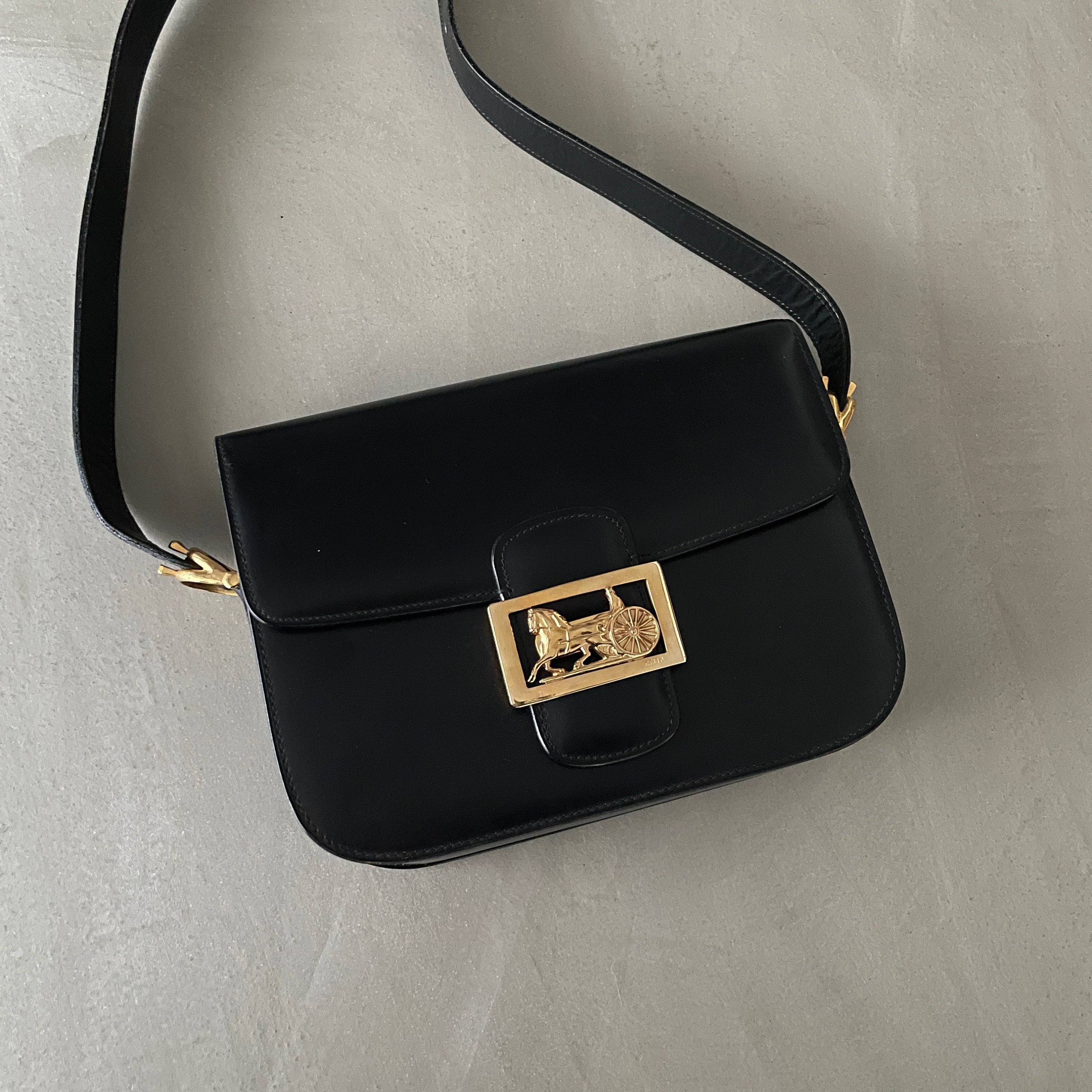 CELINE Sulky Metal parts Flap Shoulder bag Calf leather Black GHW Authentic Vintage Classical